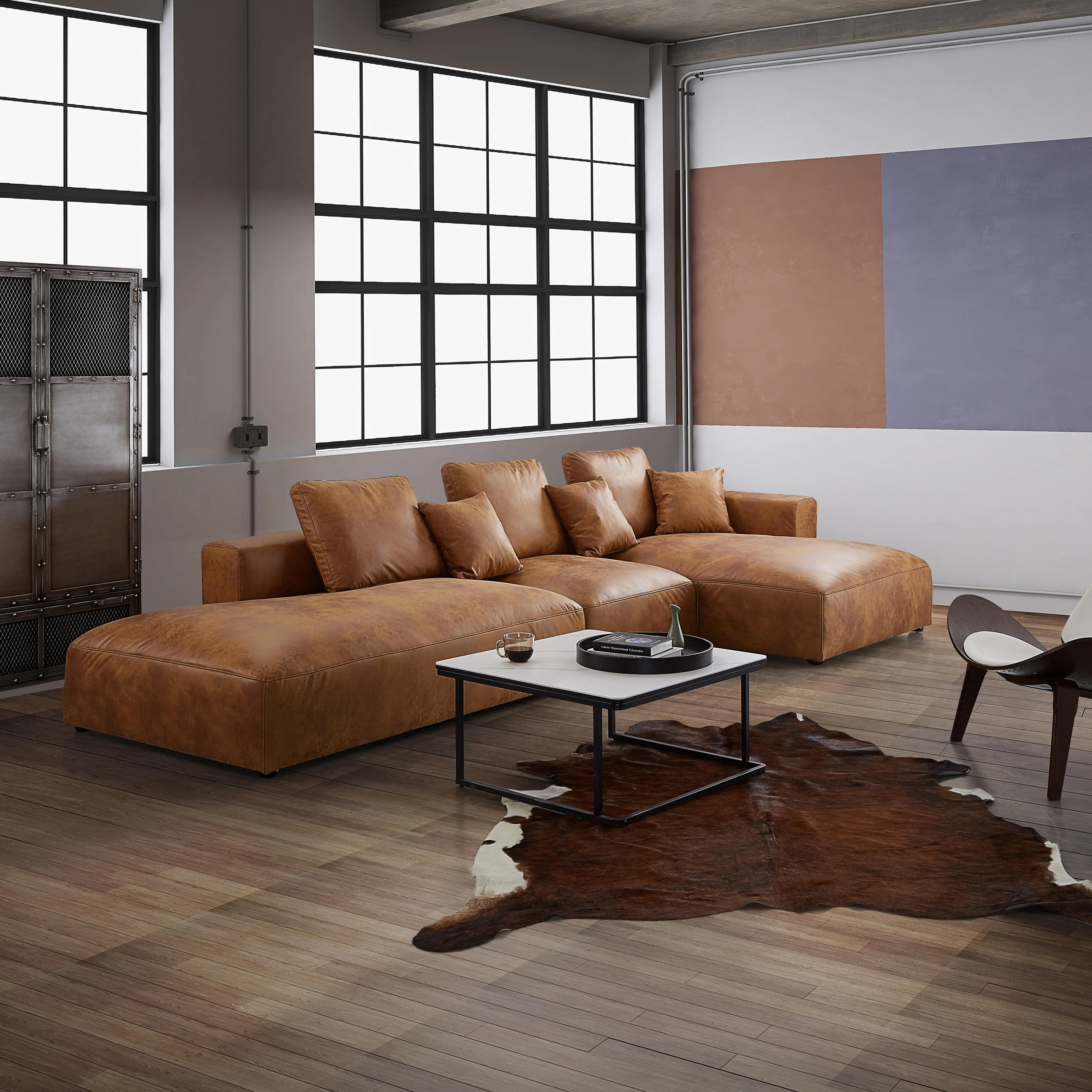 Salo Antique Industrial Air Leather Open Sectional Double Lounger – 25Home