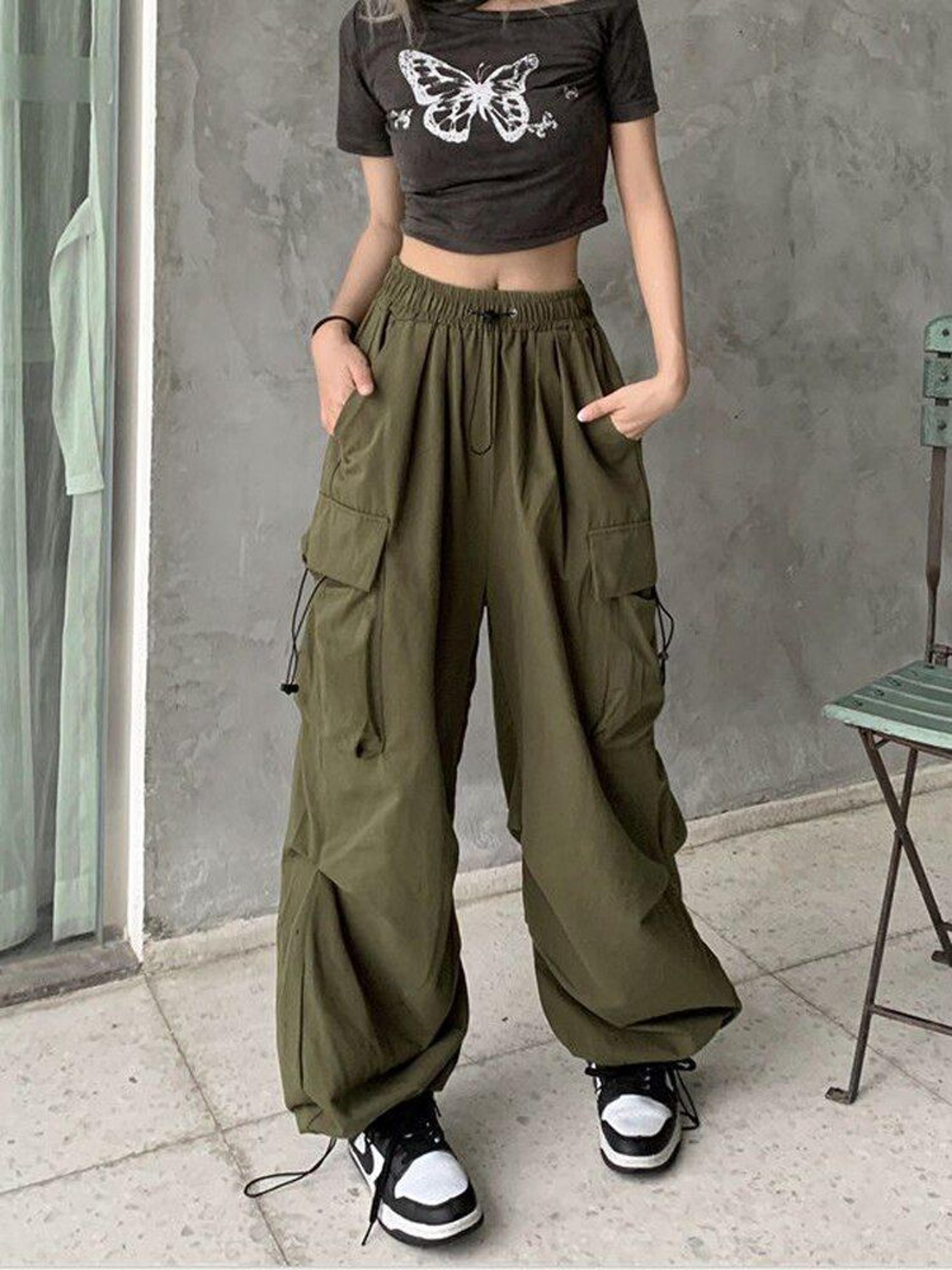 Zoki 100% cotton Cargo Pants Women Hip Hop Streetwear Casual Trousers American Retro High Waist Pockets Bf Wide Leg Pants Army Green-XL