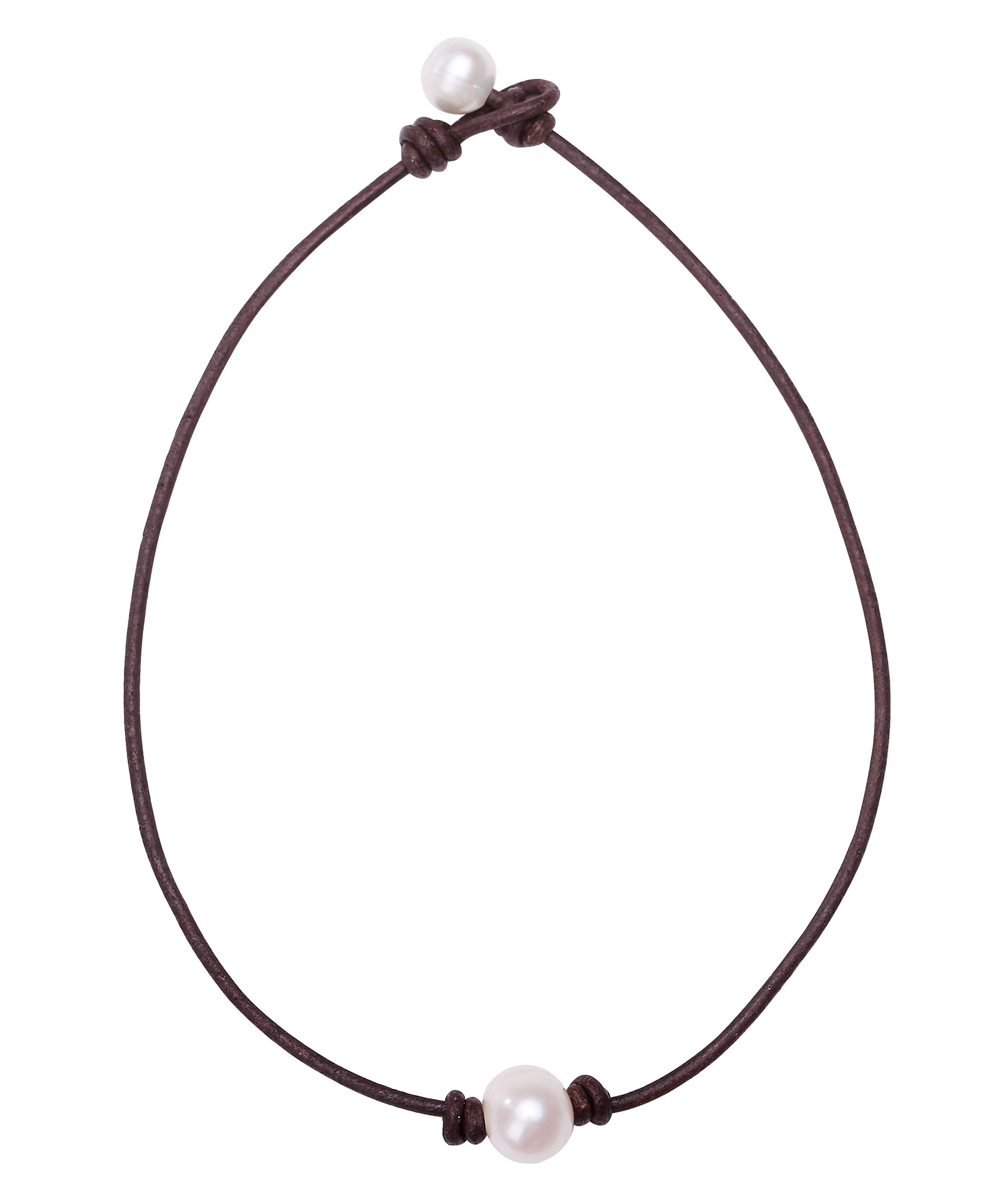 Amazon.com: Single Cultured Freshwater Pearl Necklace Choker for Women Genuine Leather Jewelry Handmade 16'' Brown: Clothing, Shoes & Jewelry