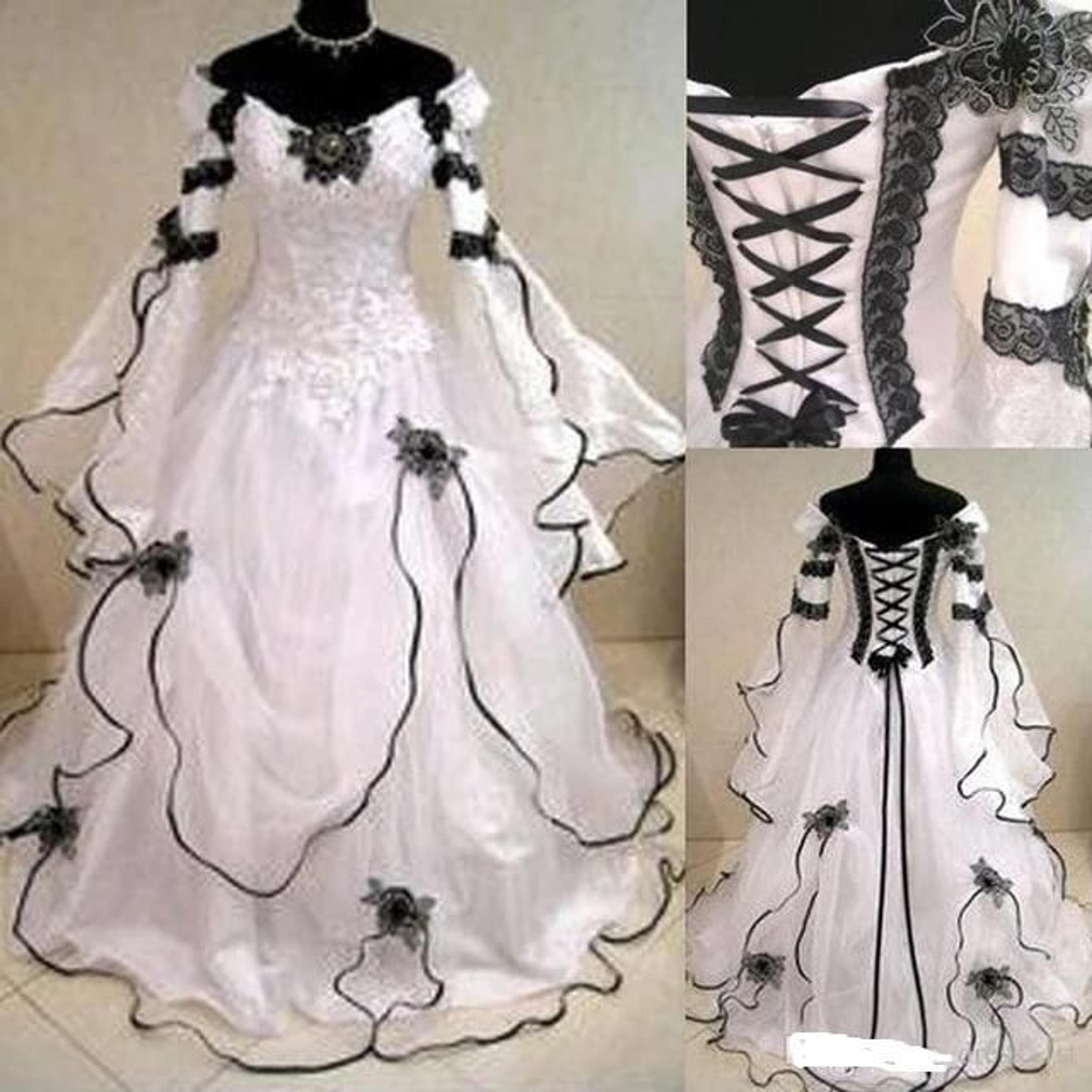 Gothic Medieval Bridal Dress Long Flare Sleeves Embroidery Corset