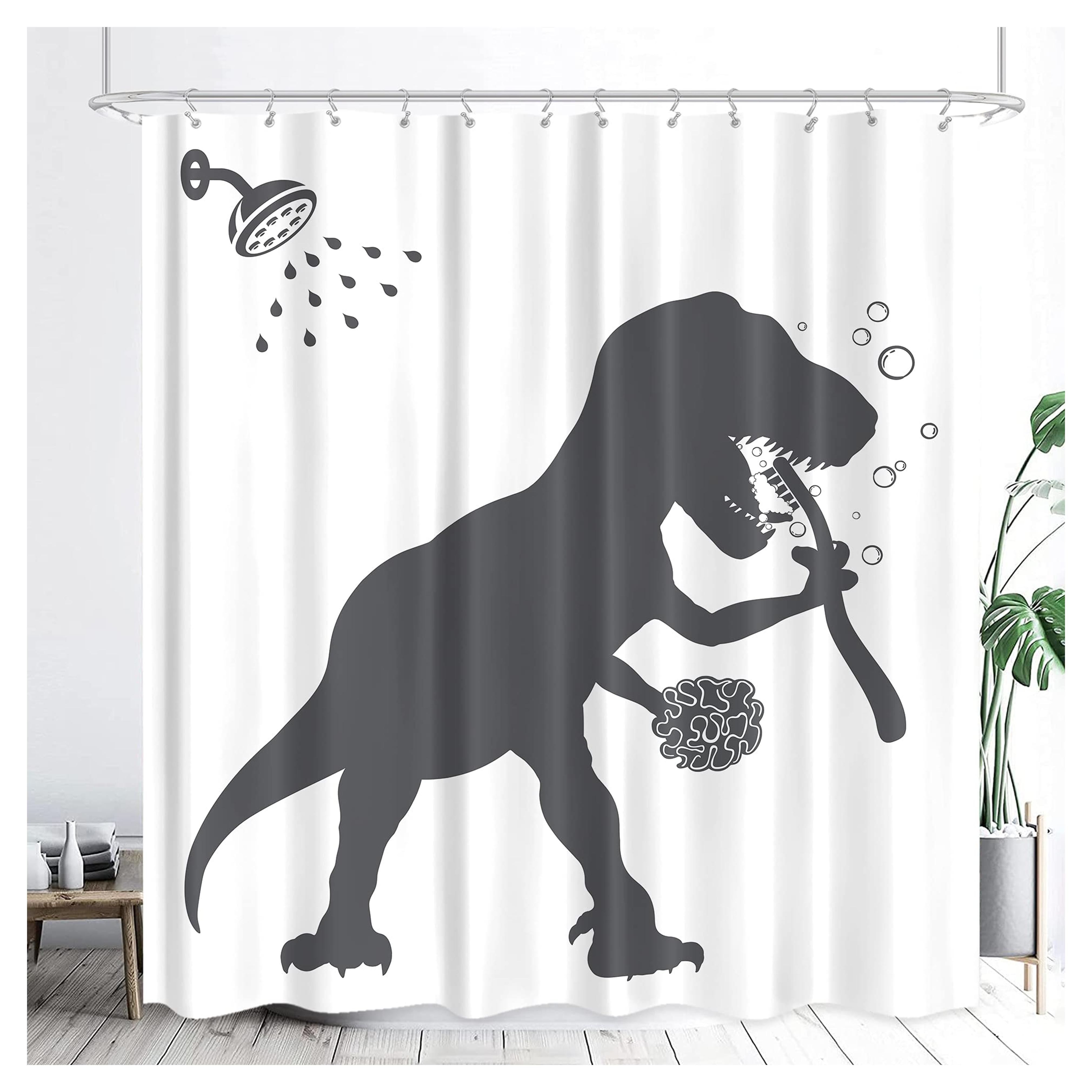 LGhtyro Funny Dinosaur Shower Curtain, Dino Shower Curtain for Kids Boy, 60Wx71H Inch Trex Raptor Silhouette, Black White Cartoon Animal Shadow Bathroom Accessories Art Home Decor