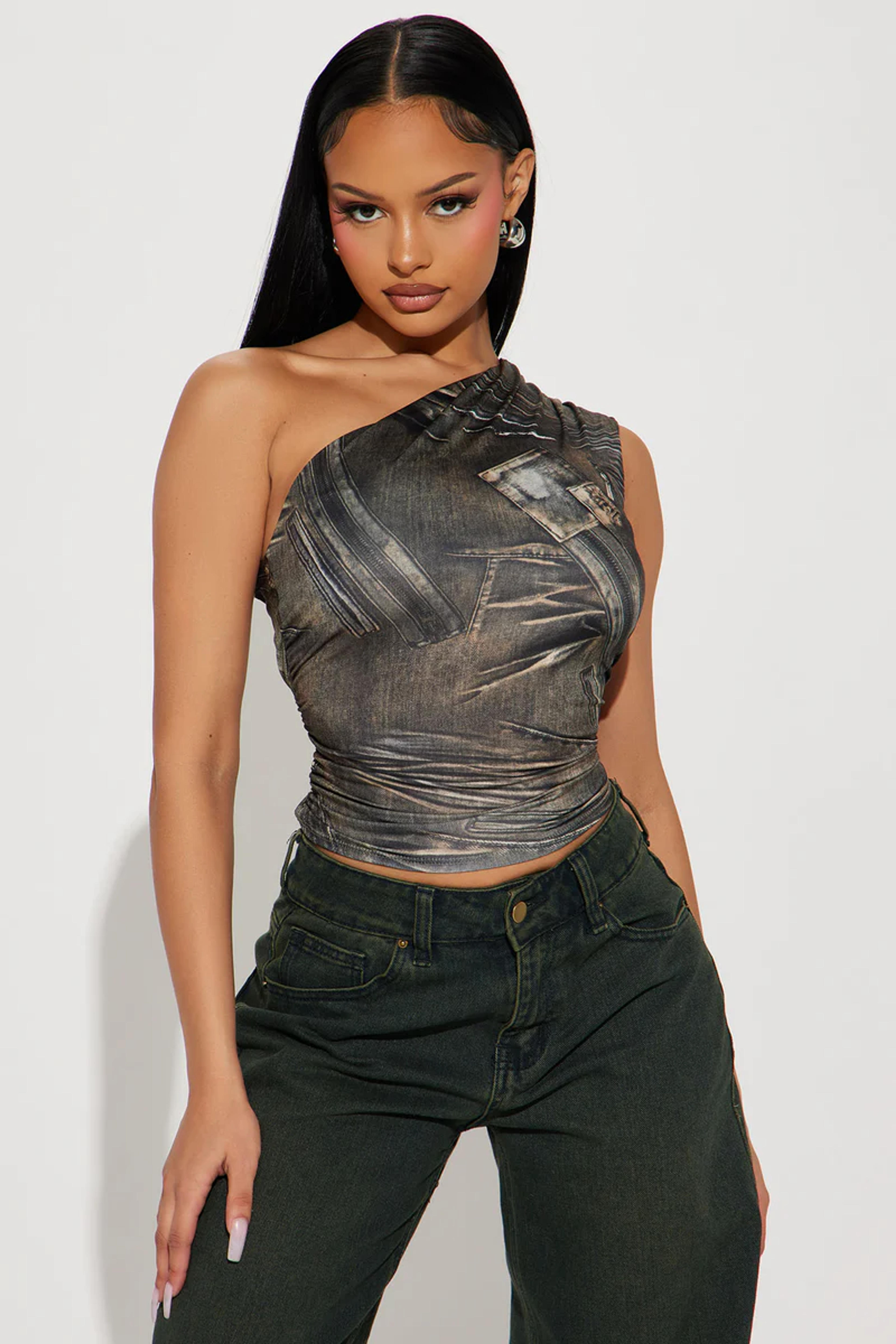 City Lights One Shoulder Top - Green/combo