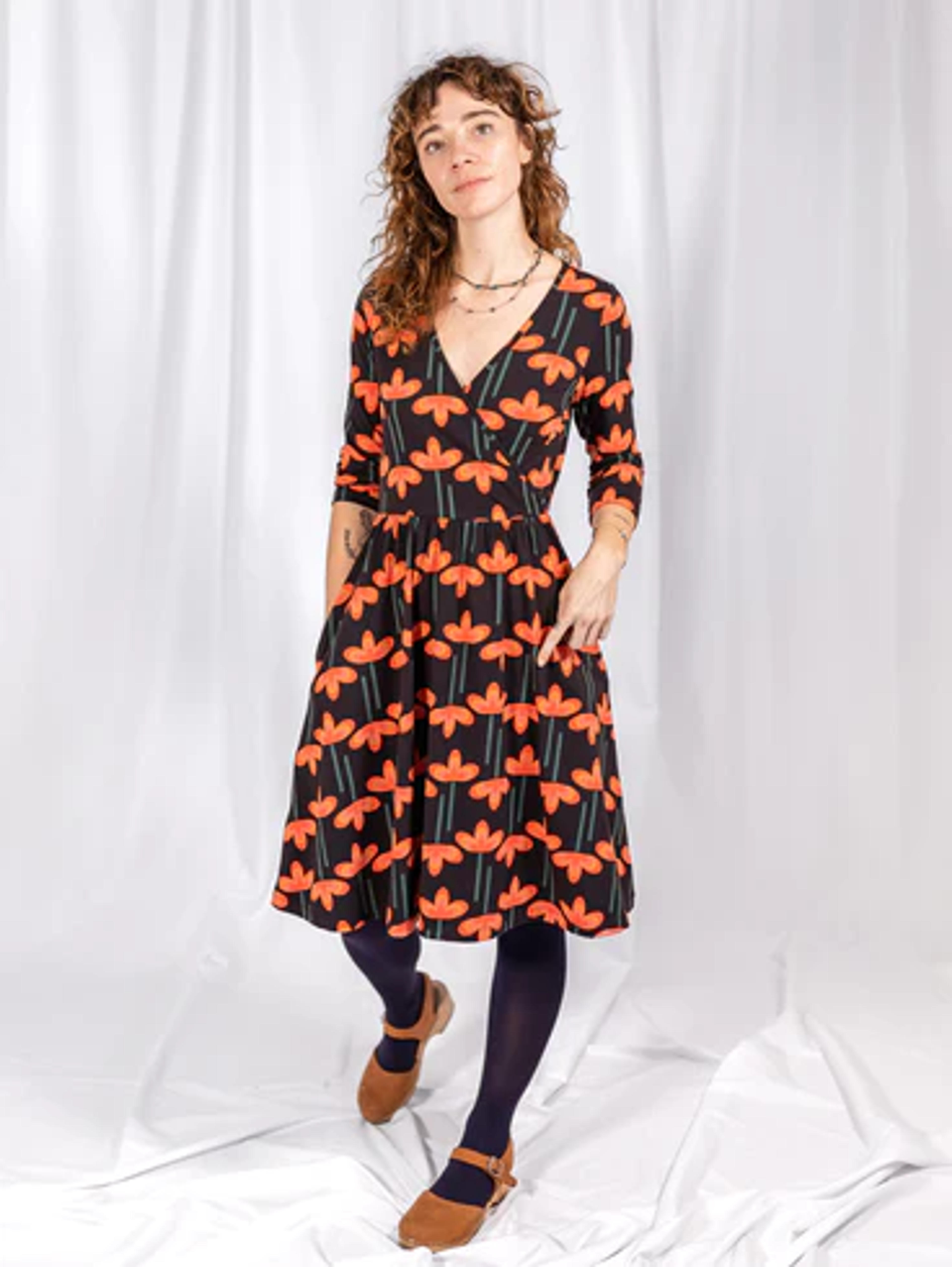 Callie Long Sleeve Wrap Dress Mod Daisy Poppy - Fair Trade Dresses | Mata Traders