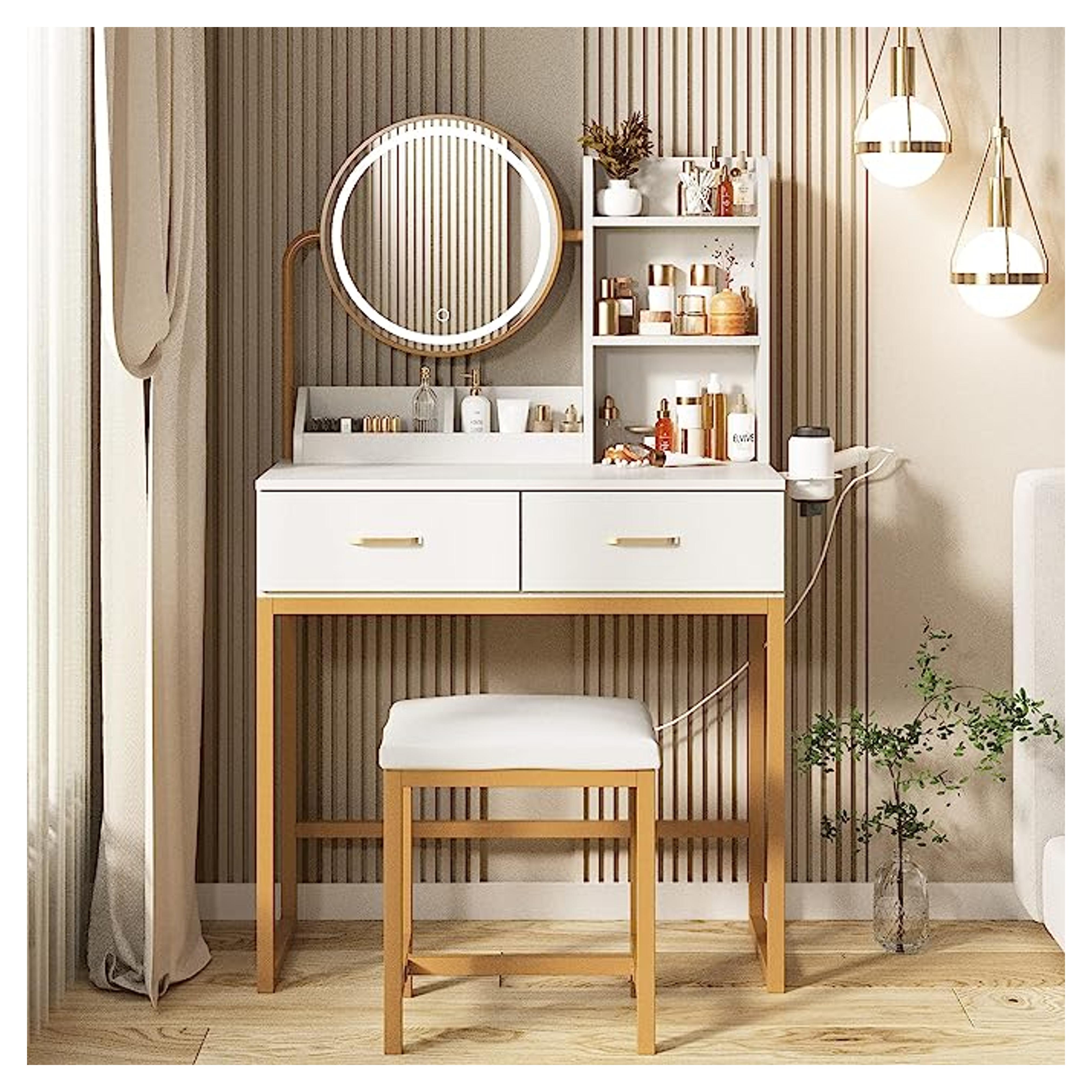 Amazon.com: Makeup Vanity Desk with Round Mirror and Lights, White Vanity Makeup Table, Small Vanity Table for Bedroom with Lots Storage, 3 Lighting Modes, 31.5in(L) : Beauty & Personal Care