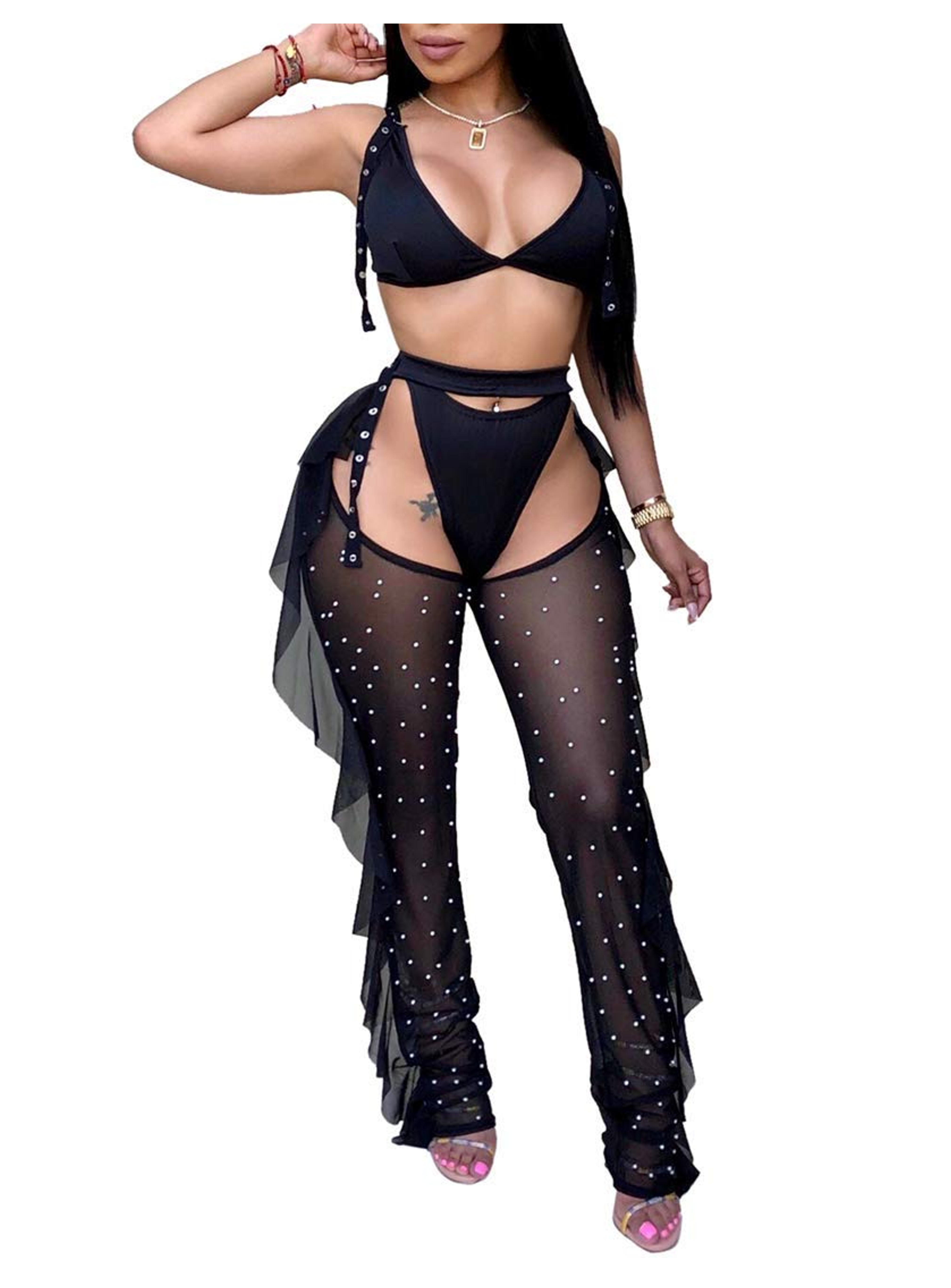 Women Beading Pearl See Through Sheer Mesh 2 Pieces Outfits Jumpsuits Crop Top and Hollow Out Ruffle Long Pants