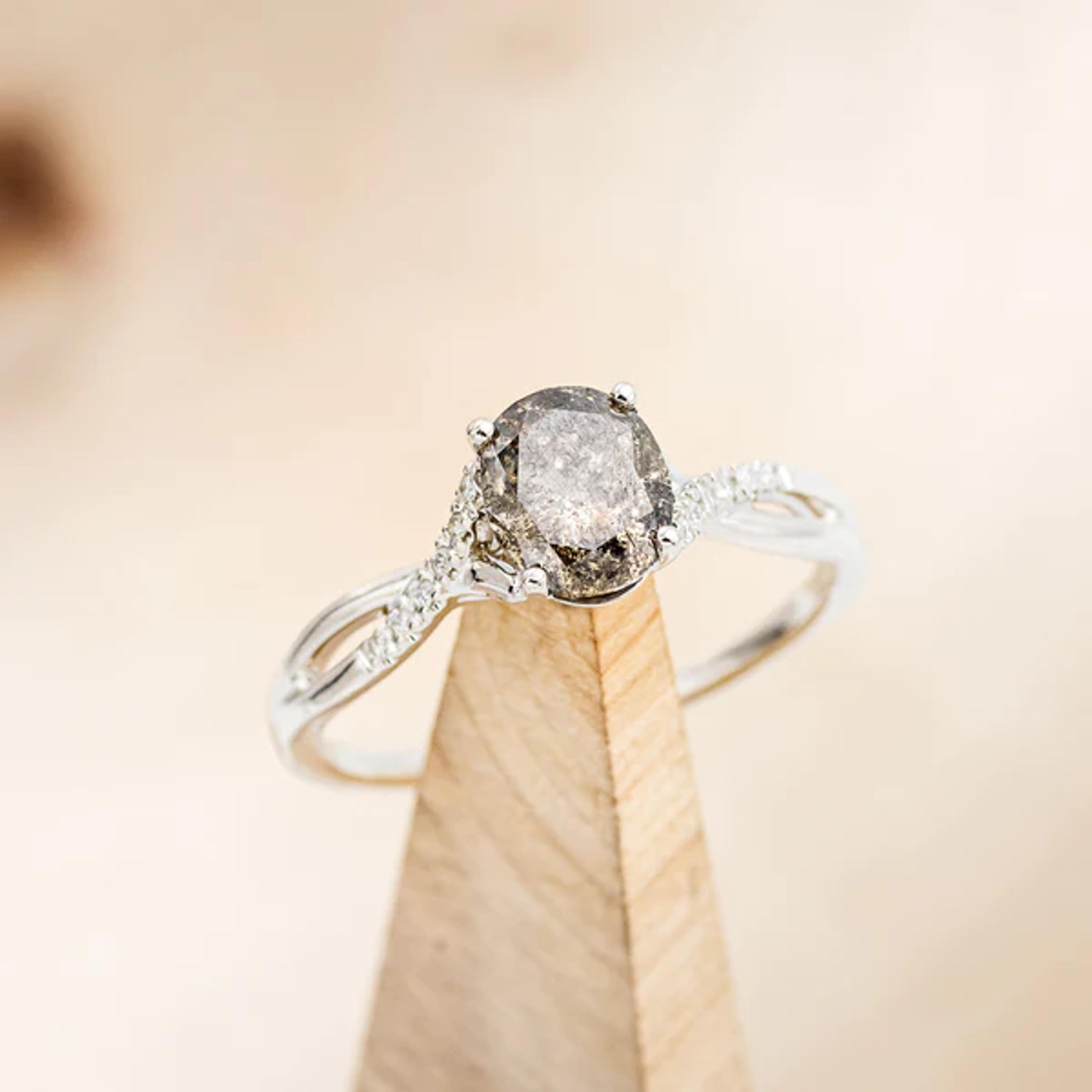 "ROSLYN" - ENGAGEMENT RING WITH DIAMOND ACCENTS - SHOWN W/ OVAL SALT & PEPPER DIAMOND - SELECT YOUR OWN STONE