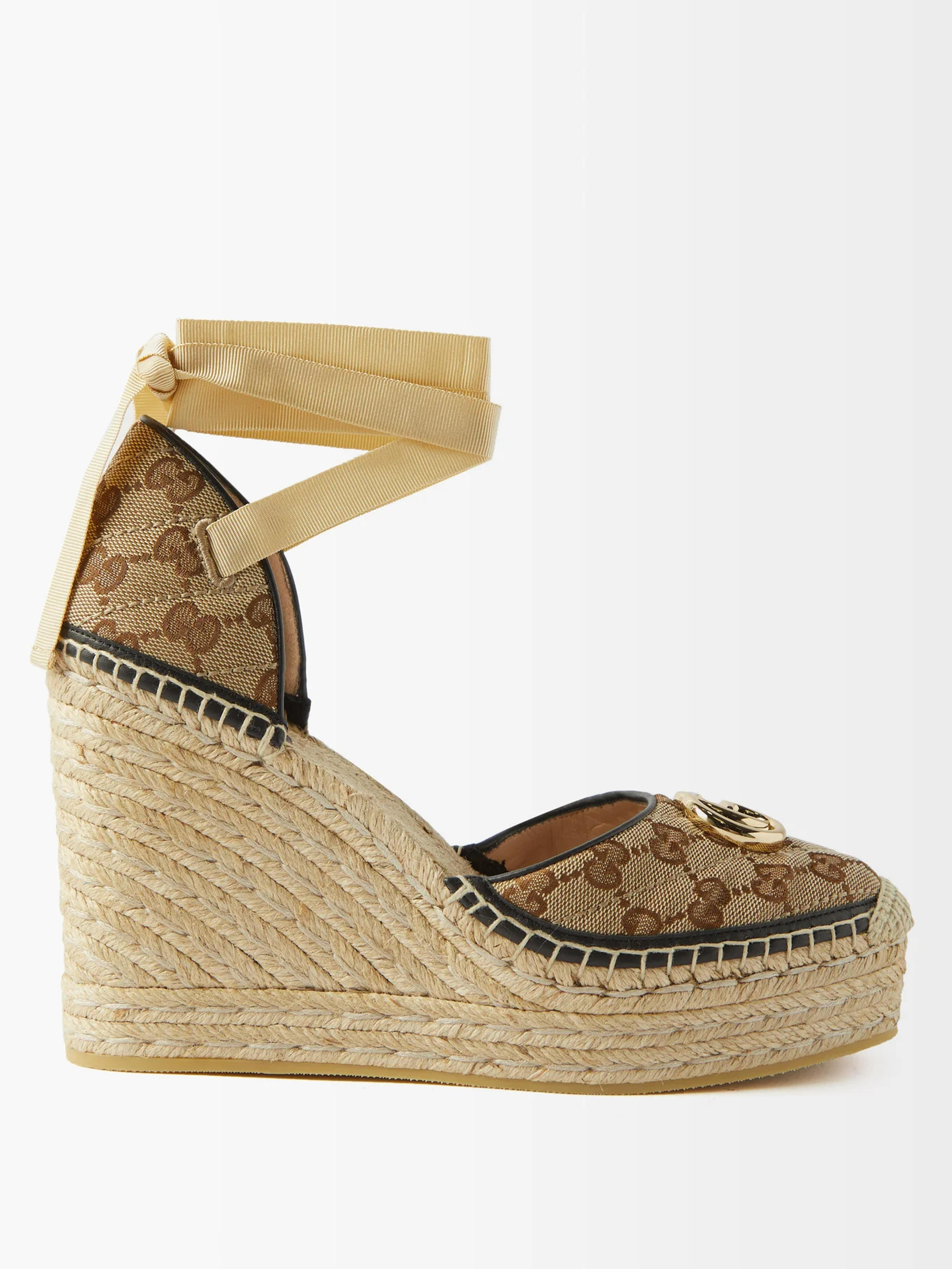 Beige GG-canvas and raffia wedge sandals | Gucci | MATCHESFASHION US