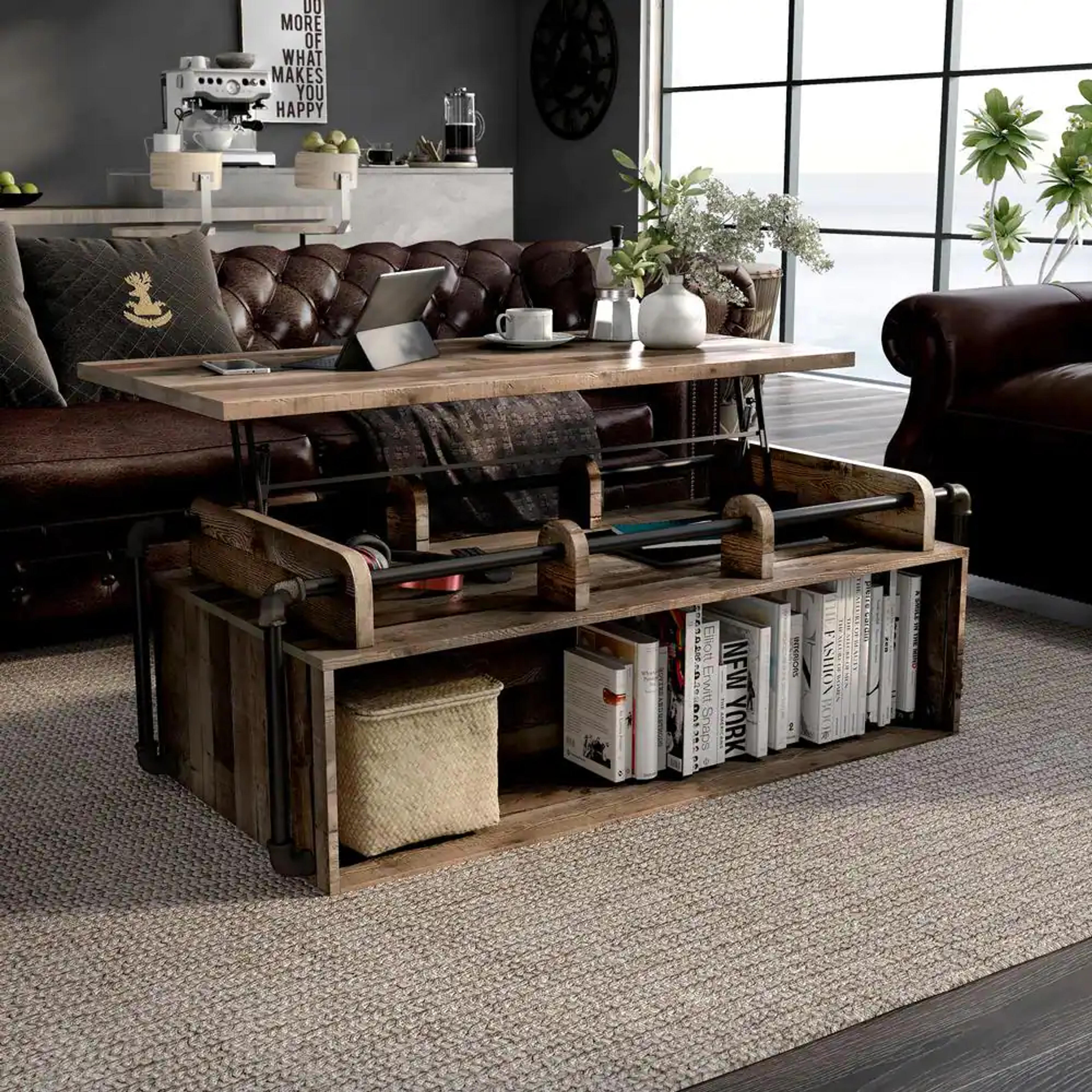 Furniture of America Beah 52 in. Reclaimed Barnwood Large Rectangle Wood Coffee Table with Lift Top YNJ-1996C39 - The Home Depot
