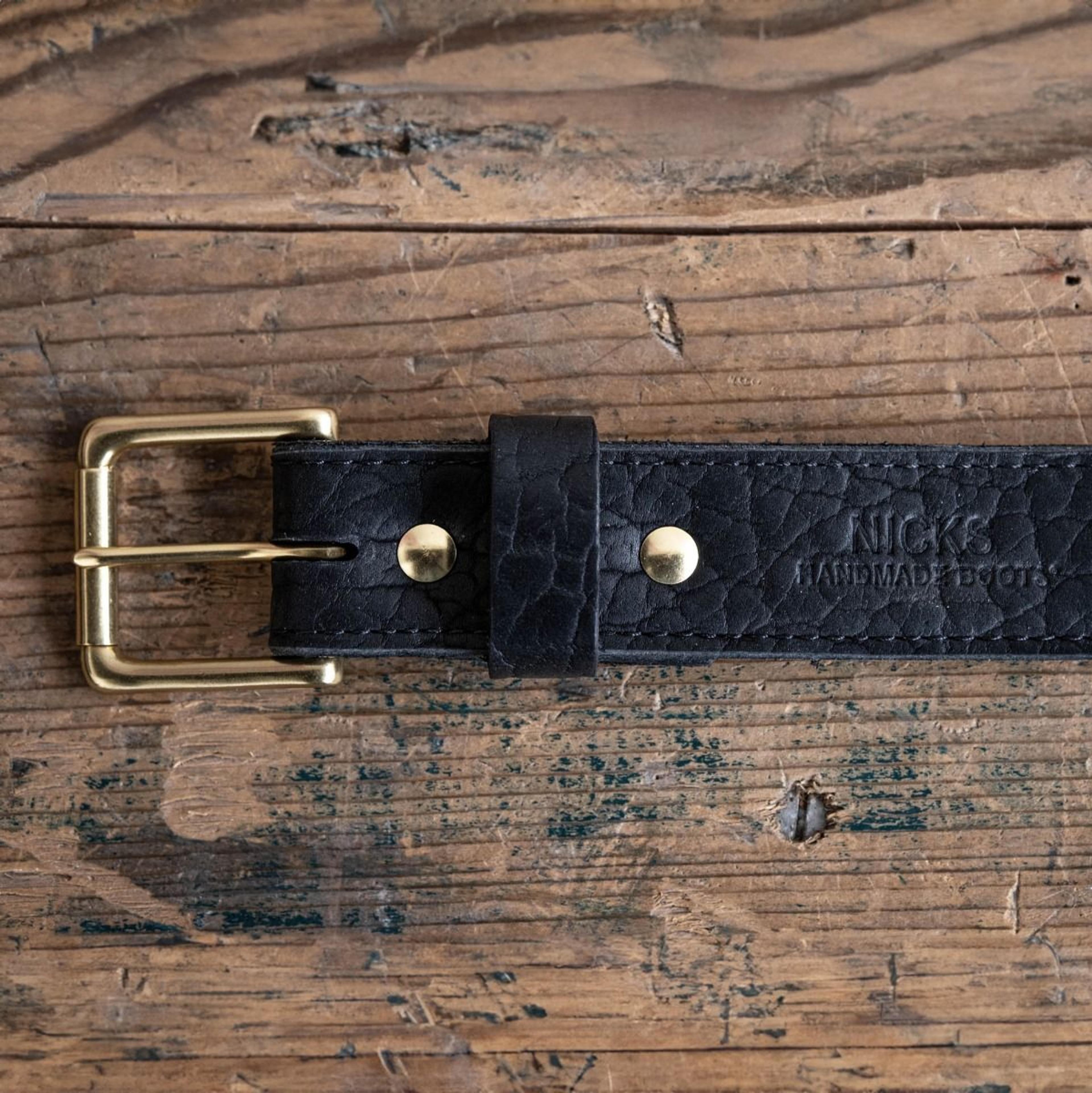 Bison Ruggedness: Black Shrunken Bison Leather Belt with Brass Hardware