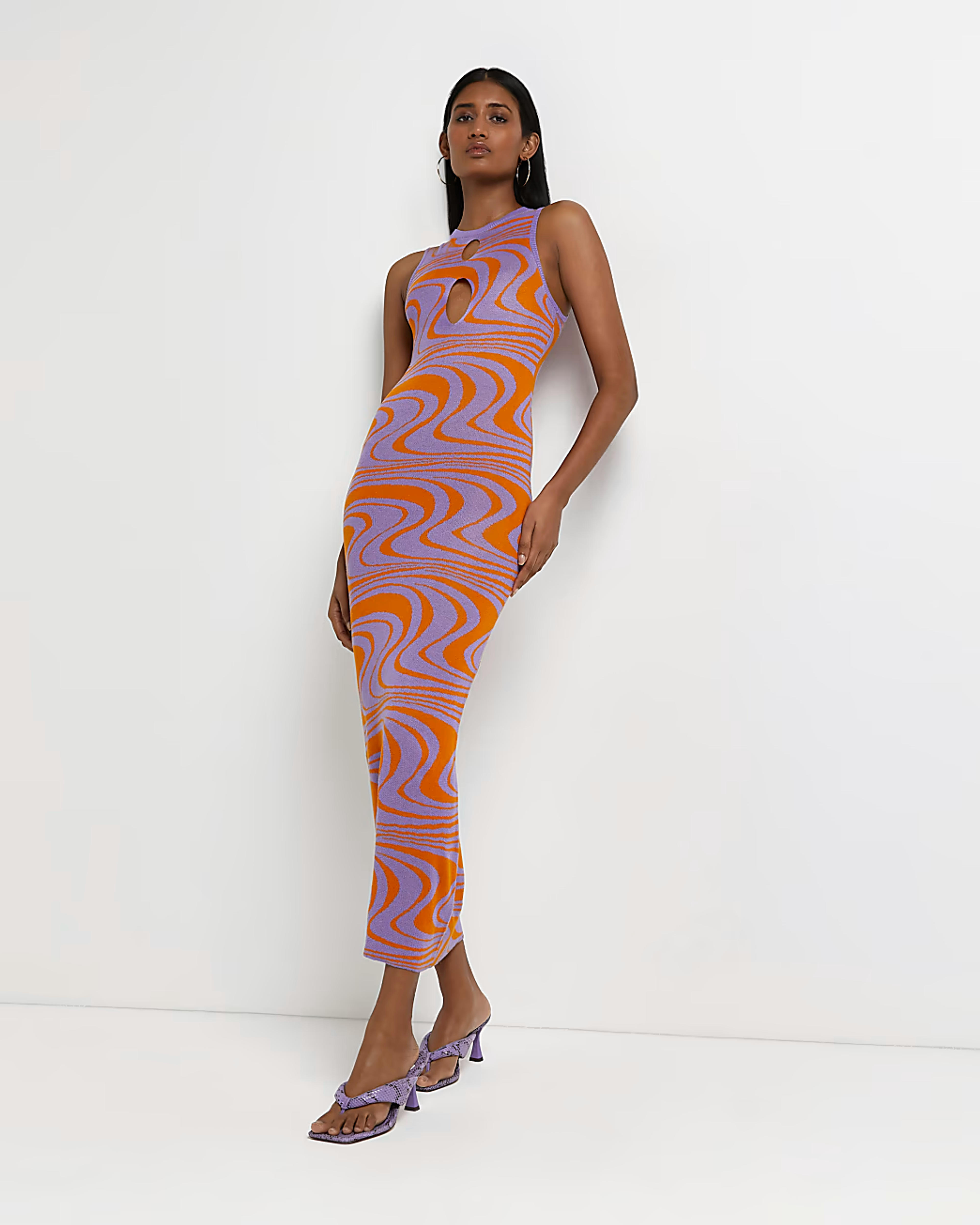 Orange printed cut out knit bodycon dress | River Island