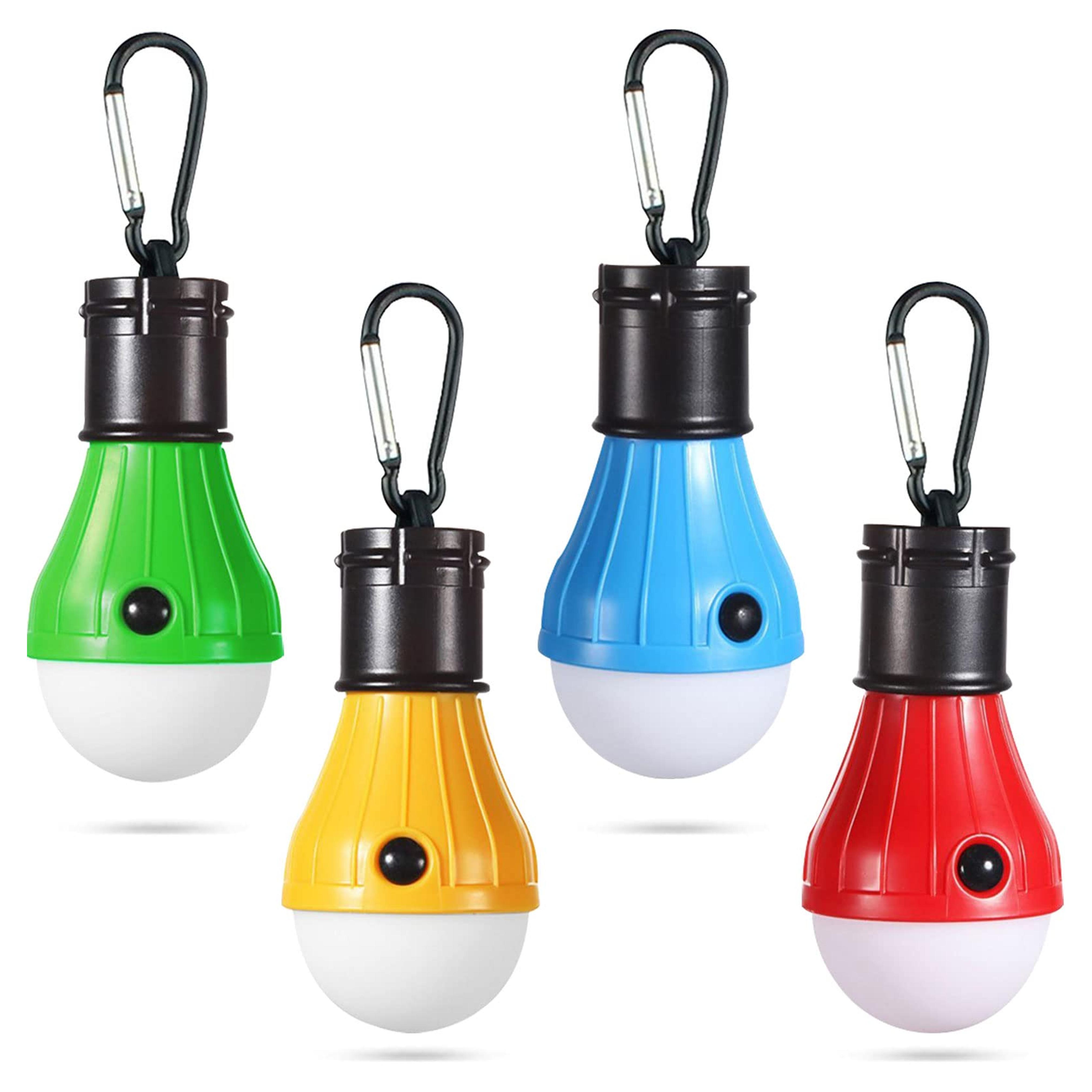 LED Camping Tent Lantern, Portable Outdoor Waterproof Emergency Light Bulb, Battery Powered with Clip Hook, Super Bright, for Hiking, Party，Camping, Fishing, Power Failure (4 Packs, Multi-Color)