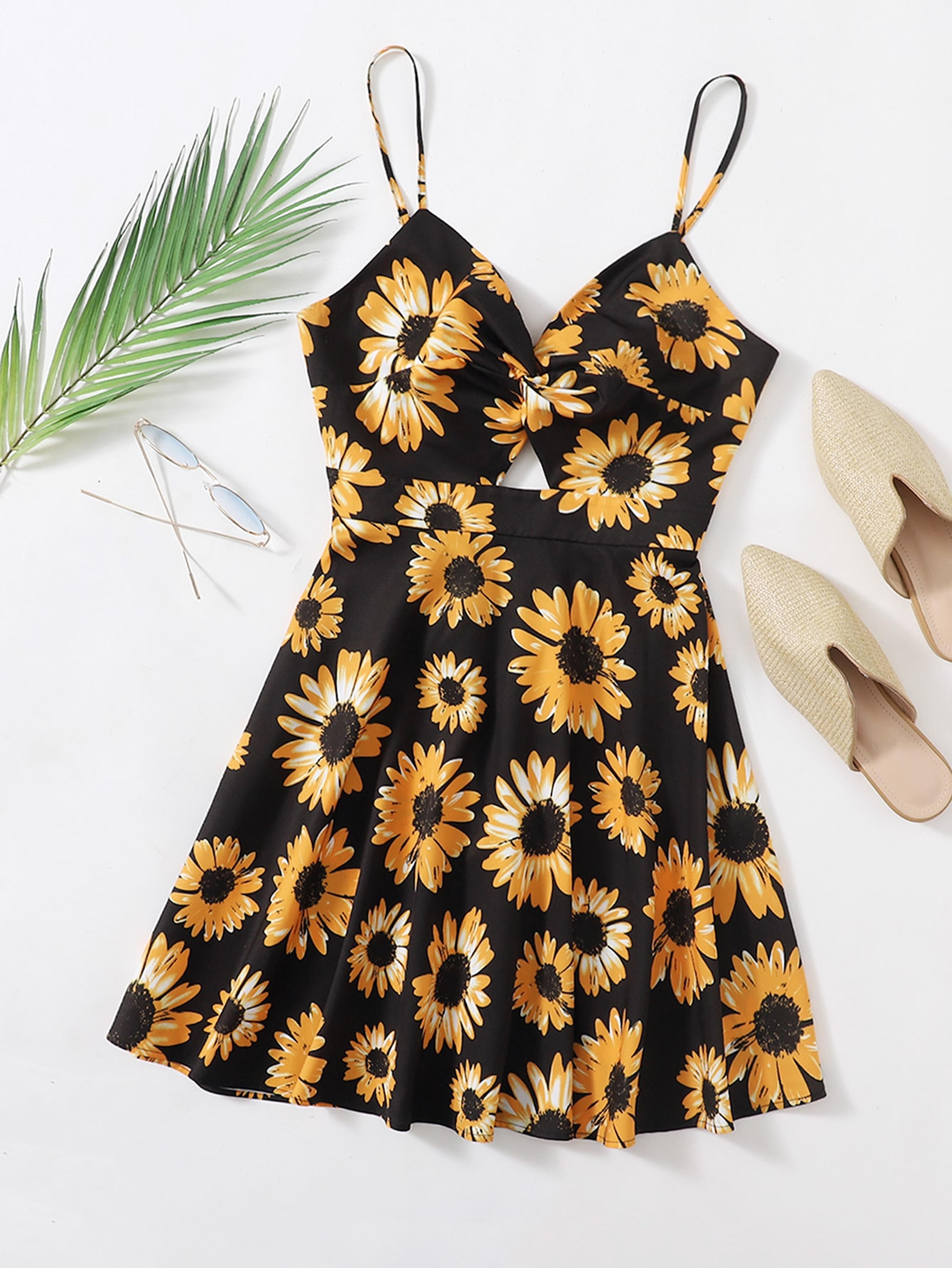 Twist Front Tie Back Sunflower Print Dress