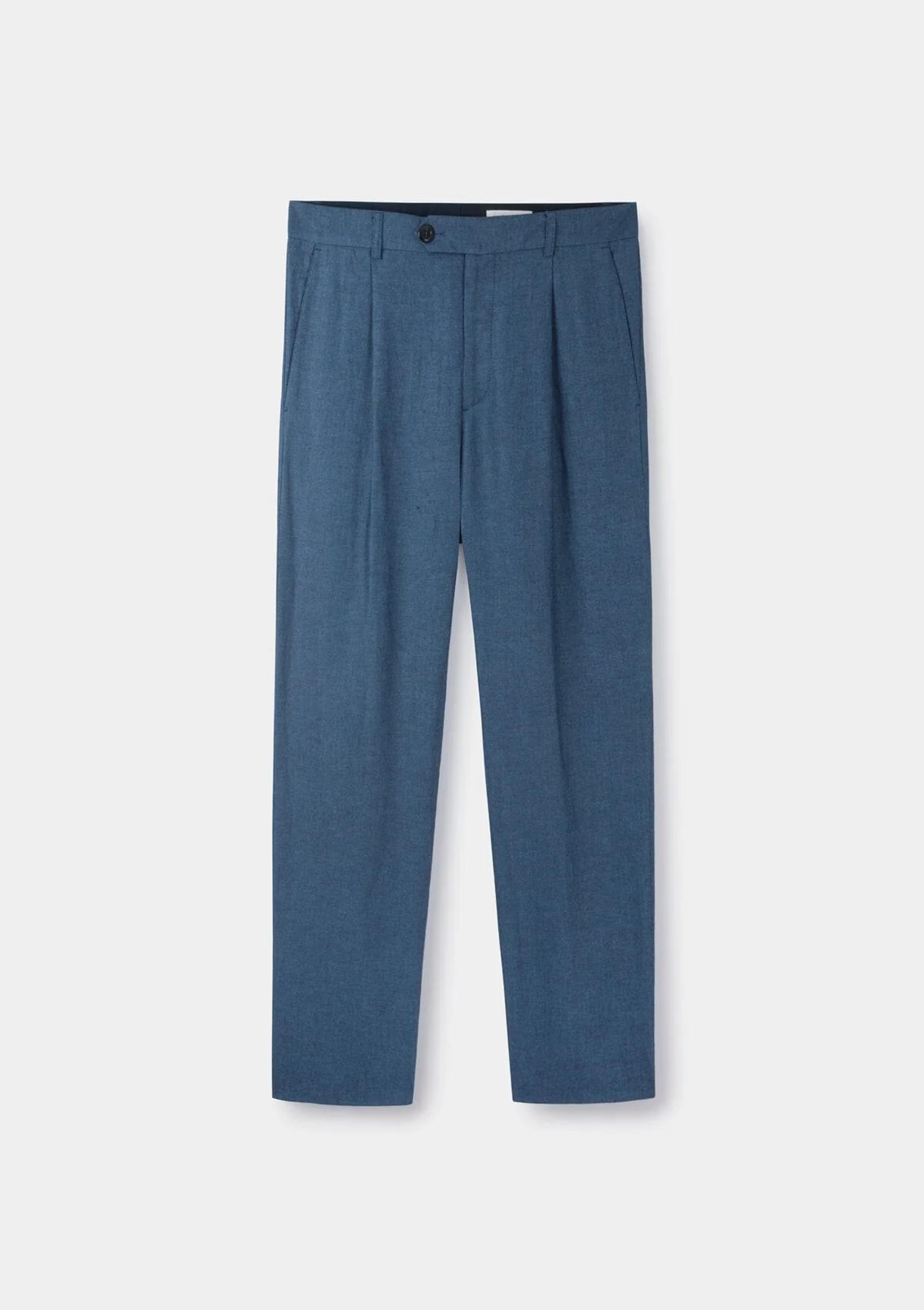 Steel Blue Cotton Linen High-Waisted Pleated Trousers | SIRPLUS