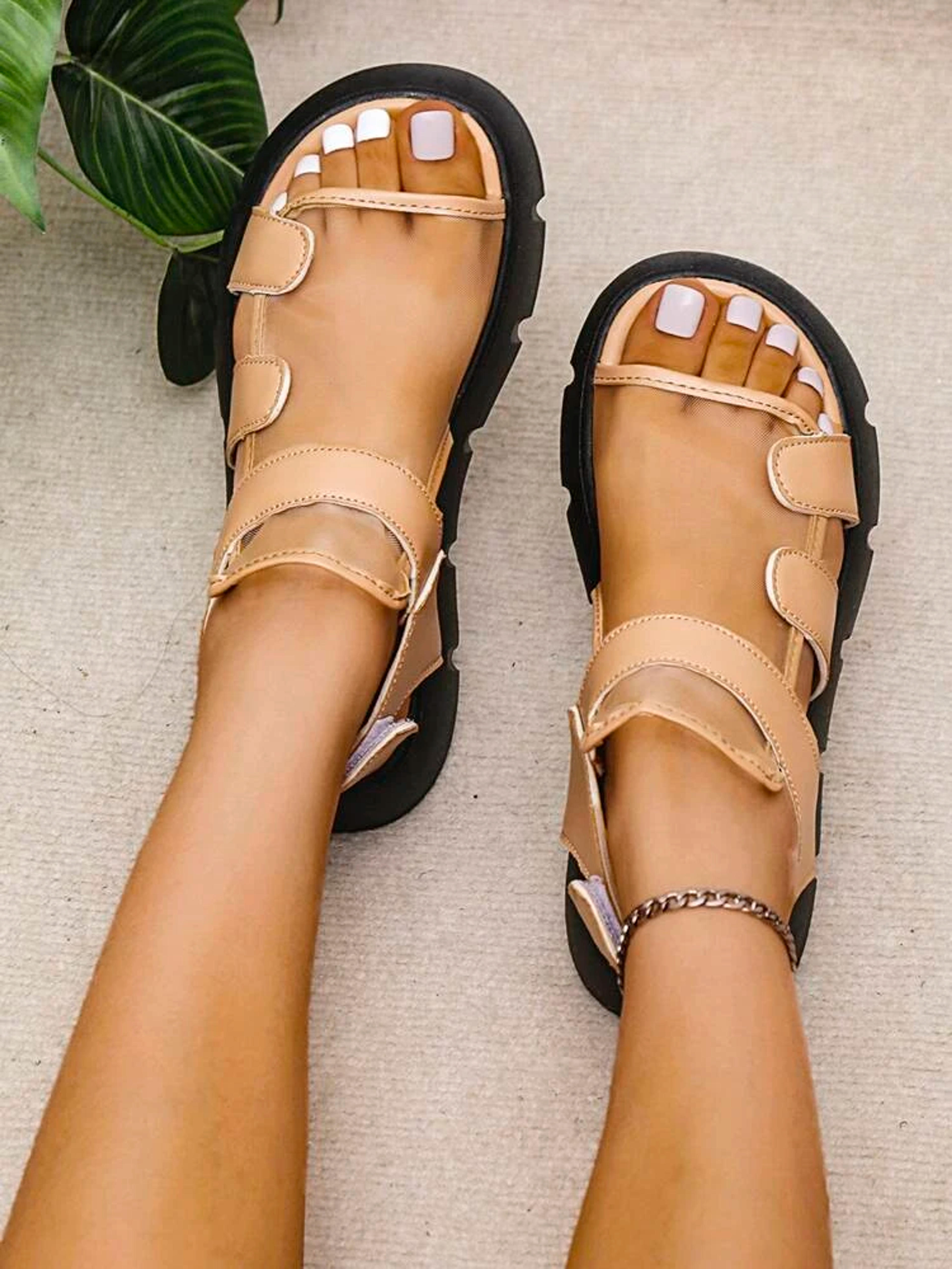 Women Cut Out Detail Wedge Sandals, Mesh Ankle Strap Sandals | SHEIN USA