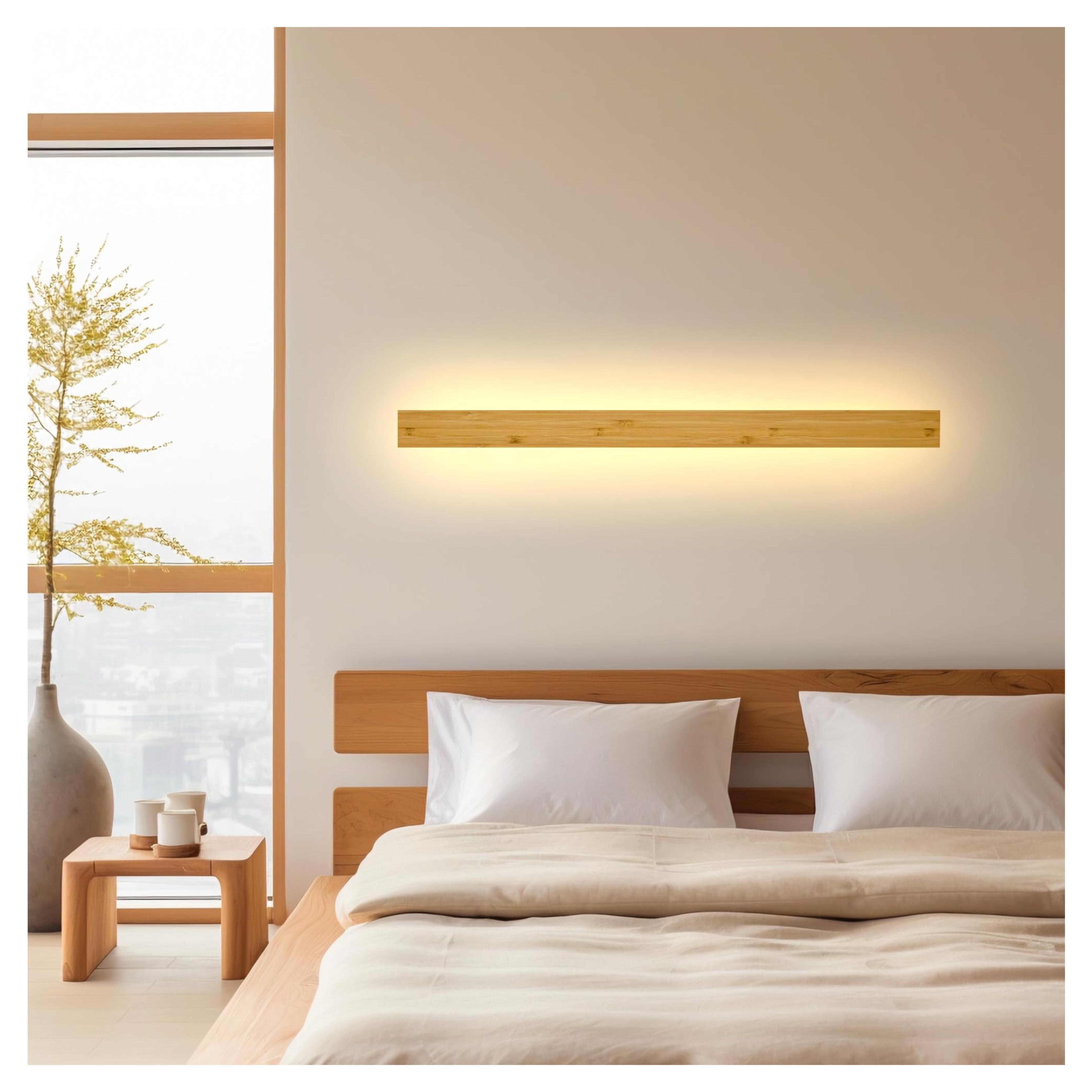 LED Wall Sconce Bamboo Wood Bedroom Lamp 31.4in Long Strip Indoor Wall Mount Light Fixture 24W Natural Bamboo Color 3000k Wall Lamp Minimalist for Living Room Stairwell Porch Decor