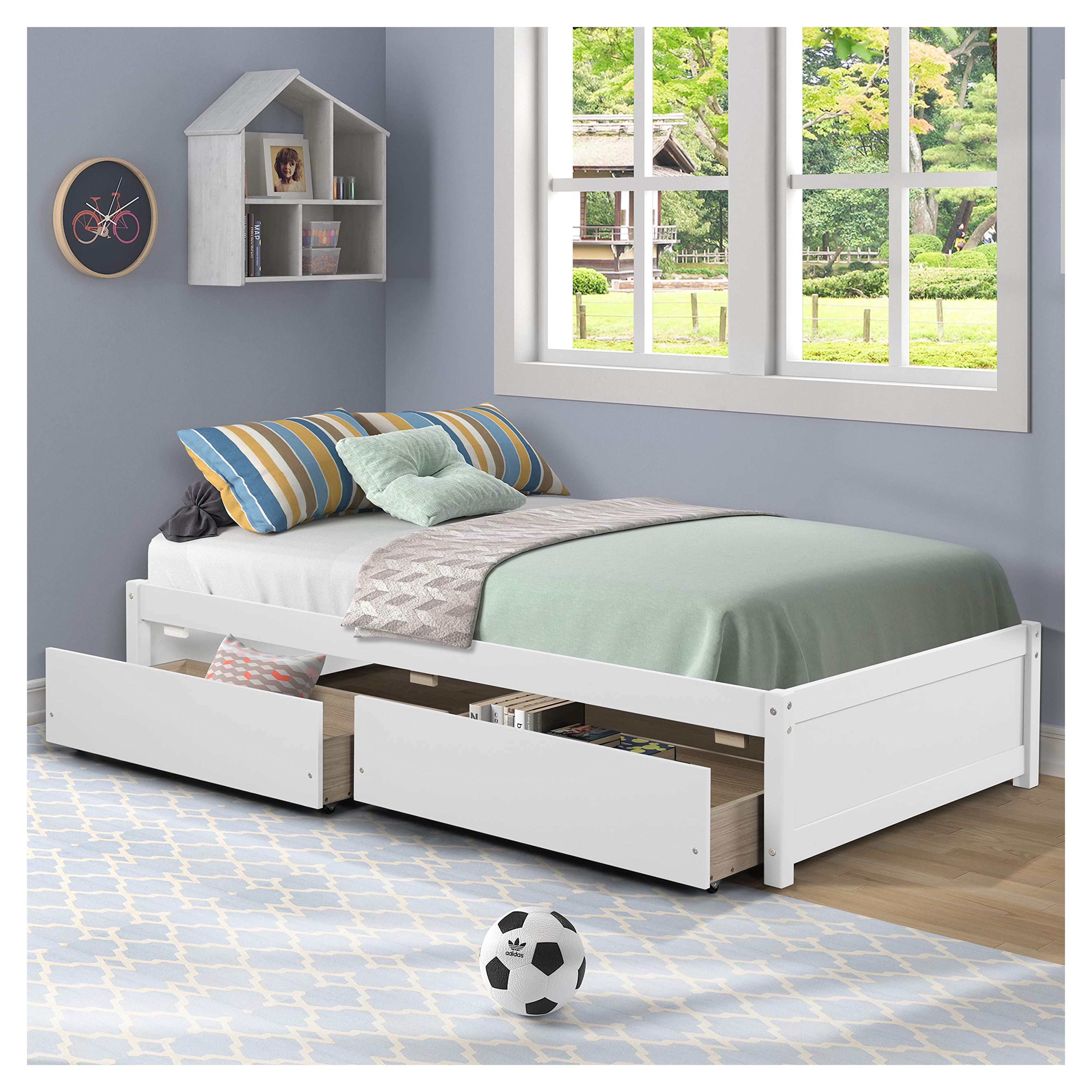 AOOSWEER Twin Platform Bed Frame with 2 Storage Drawers, Wood Twin Bed Frames for Kids Toddler Girls Boys, 10 Slats Support, No Box Spring Needed, Easy Assembly ( Twin, Bright White)