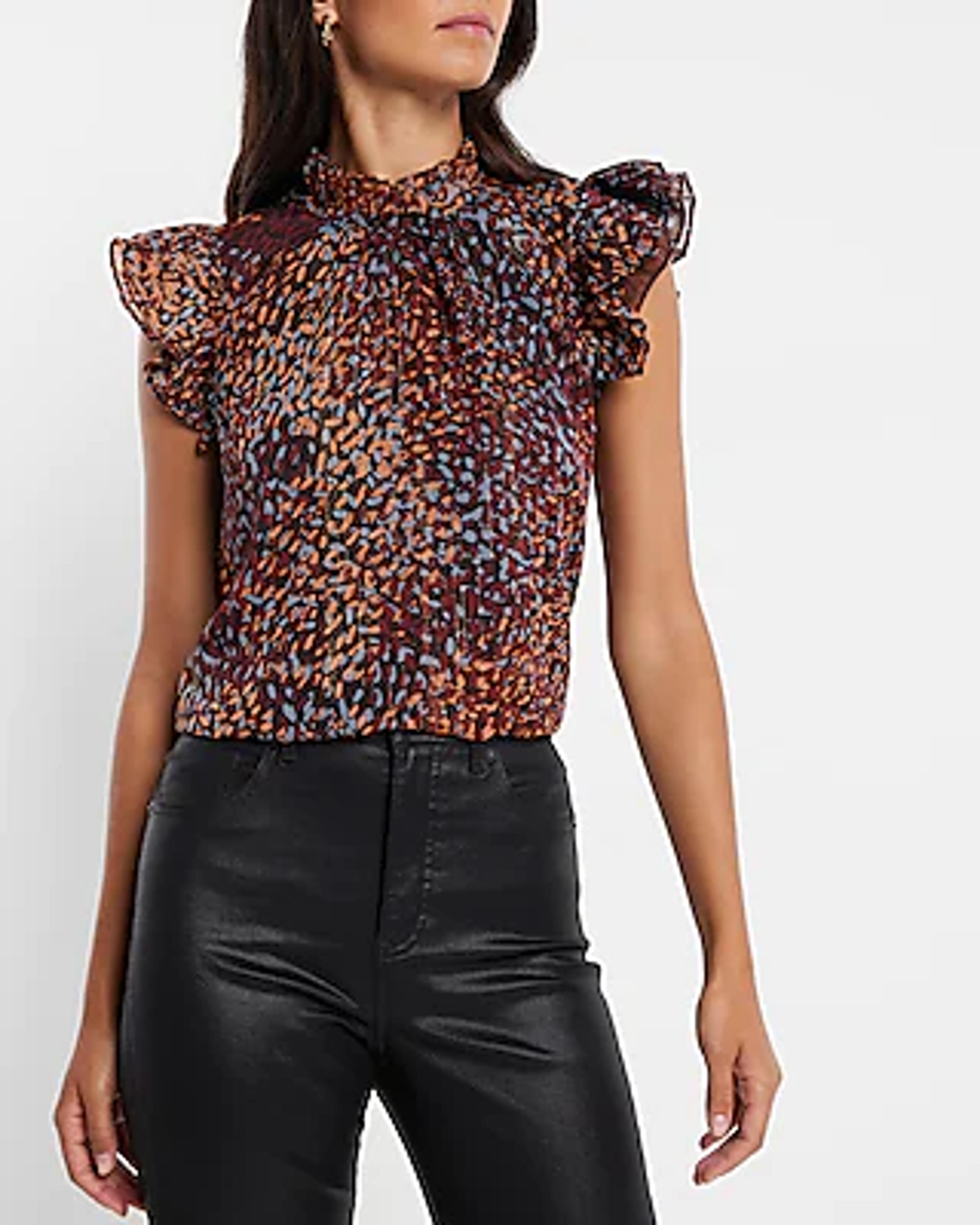 Metallic Printed Flutter Sleeve Top | Express