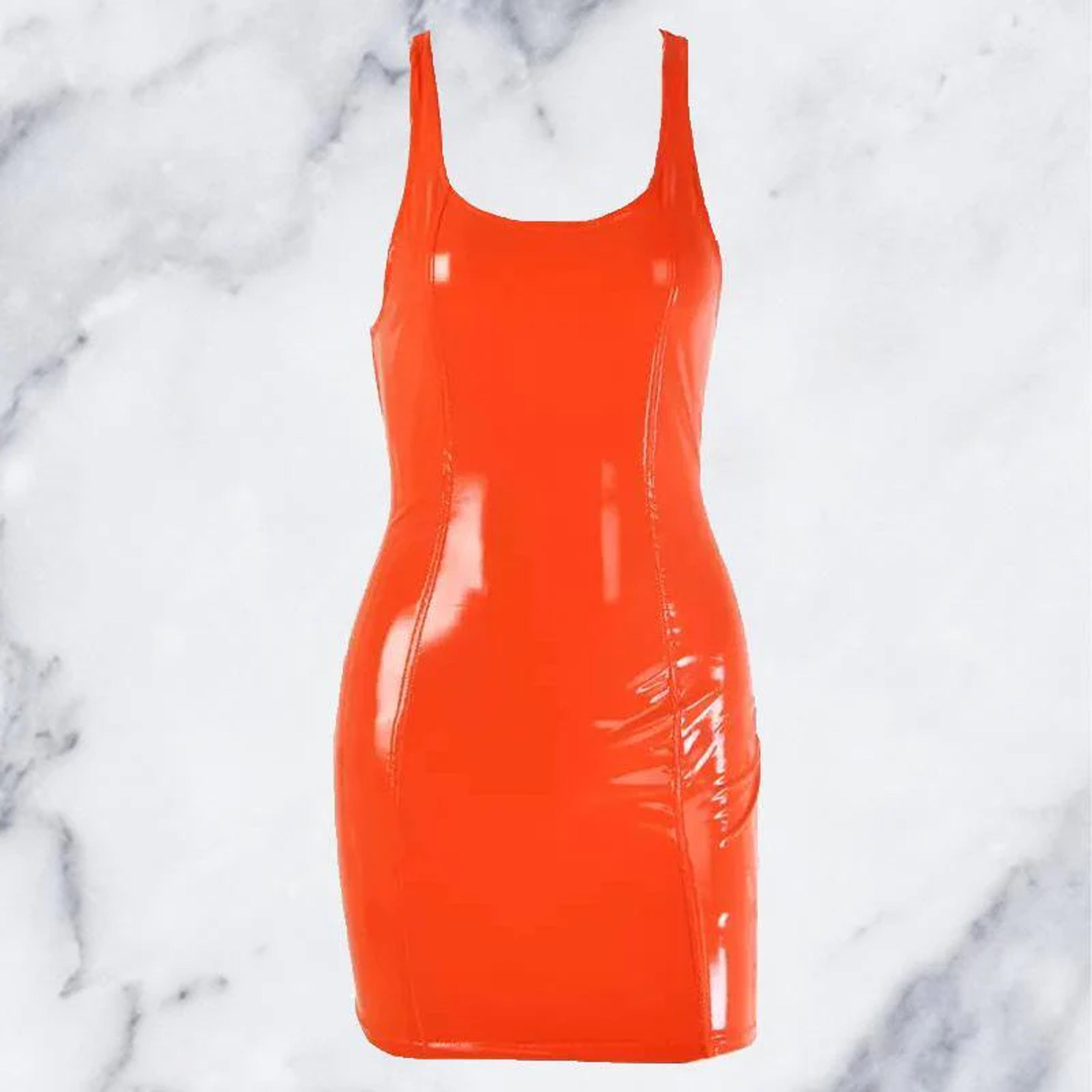 Neon Orange Latex Scoop Neck Racerback Mini Dress