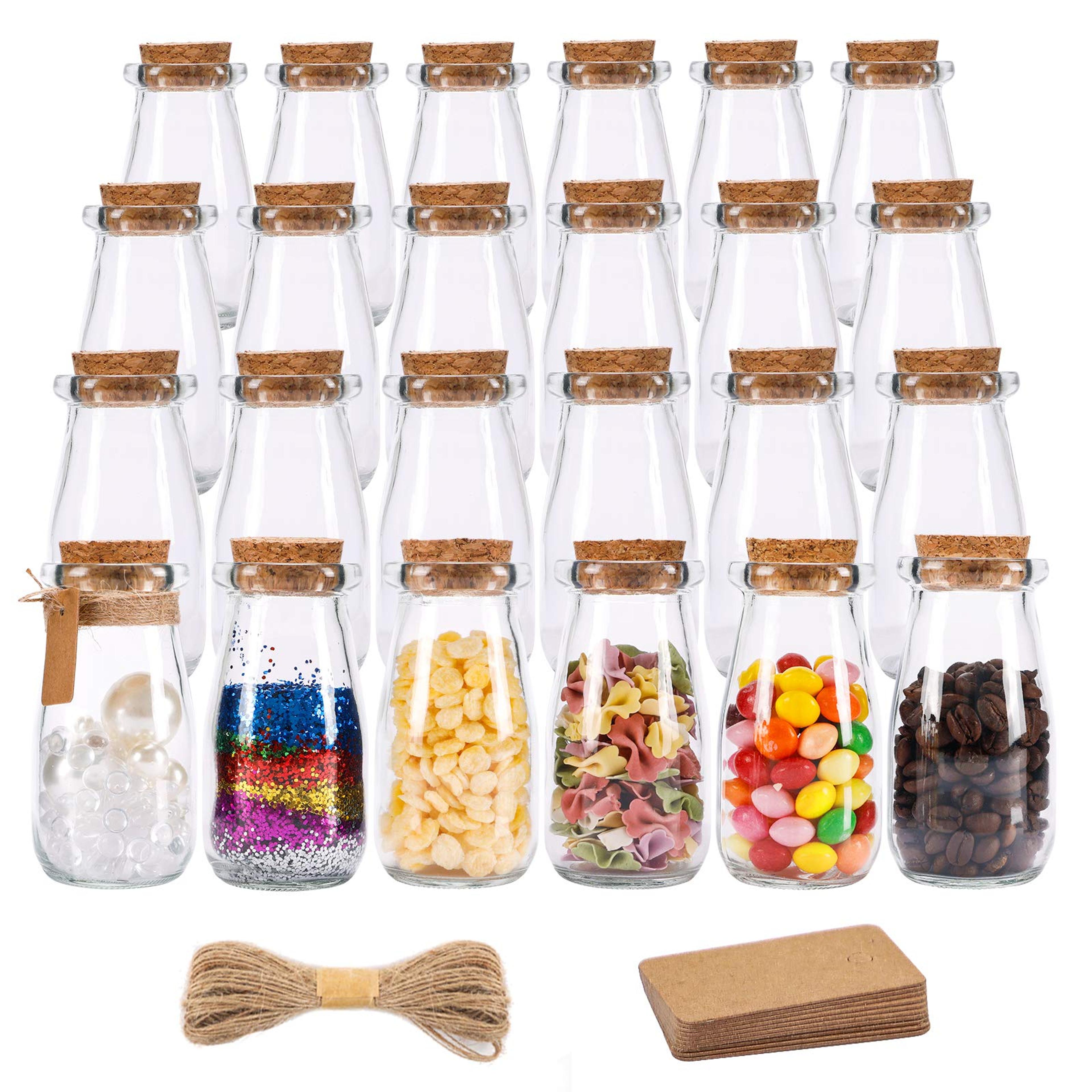 SUPERLELE 24pcs 3.4oz Glass Favor Jars, 100ml Small Glass Bottles with Cork Lids, Mini Milk Potion Bottles, Party Cute Jars Wedding Favors with 30pcs Label Tags and 20m Burlap Ribbon