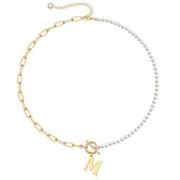 Gold Initial Pearl Necklace for Women, 14K Gold Plated Paperclip Link Chain Necklace Choker Toggle Clasp Necklace Dainty Pearl Chain Necklace Initial Pendant Necklaces for Women Gold Jewelry Gifts