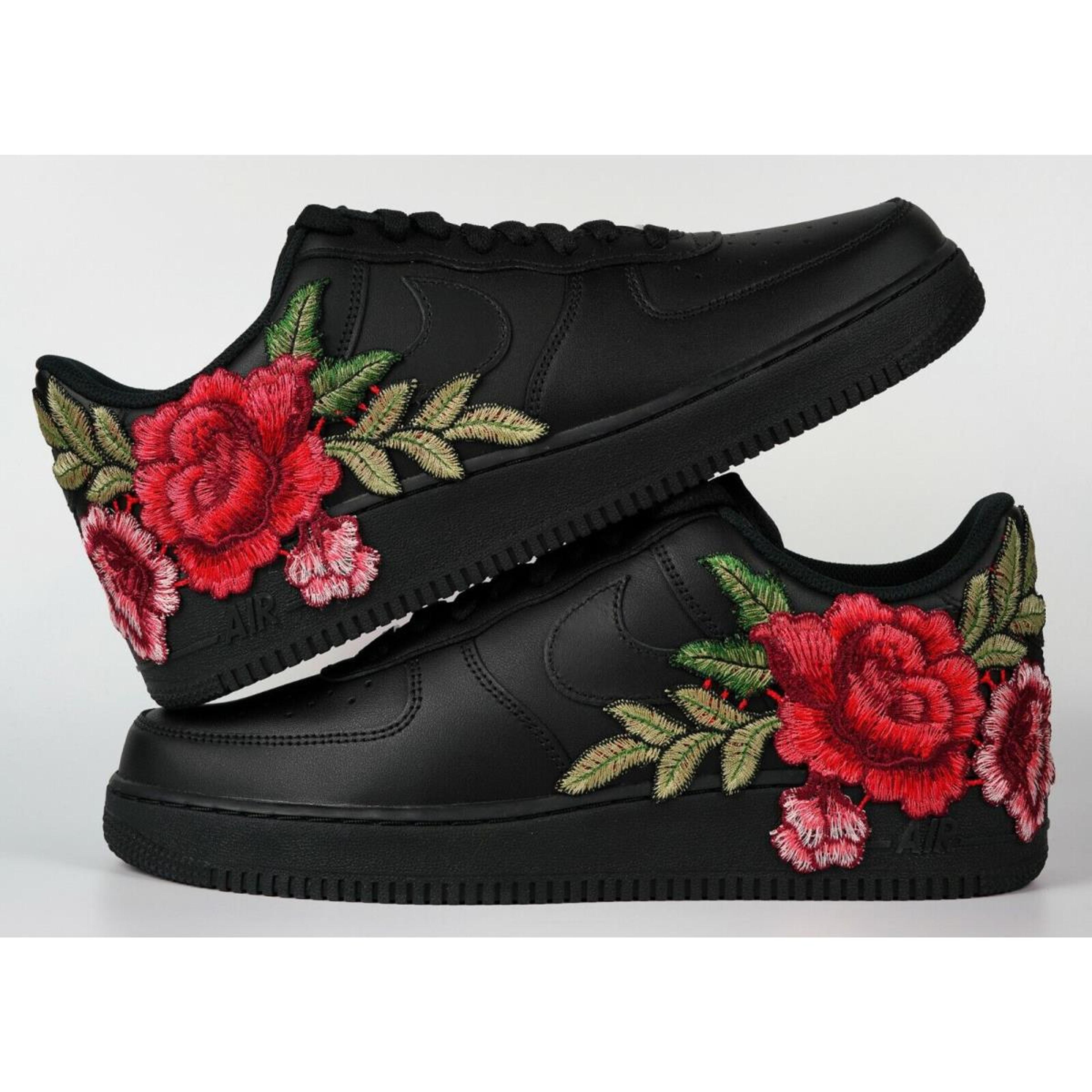 Nike Air Force 1 Custom Black Shoes Red Rose Flower Floral Men Women Kids Low | 883212823168 - Nike shoes Air Force - Black , Black Manufacturer | SporTipTop