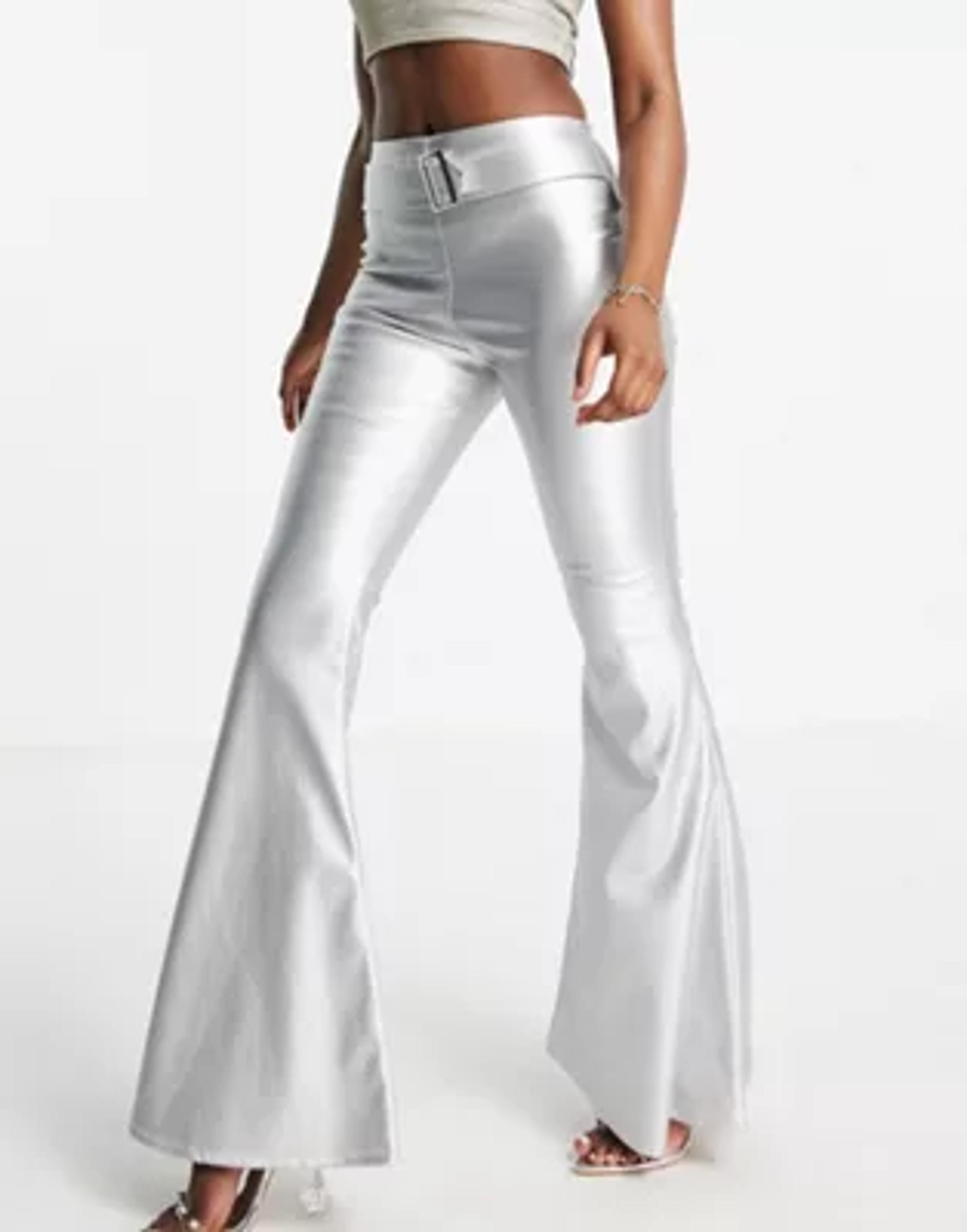 ASYOU belted PU flare in metallic silver | ASOS