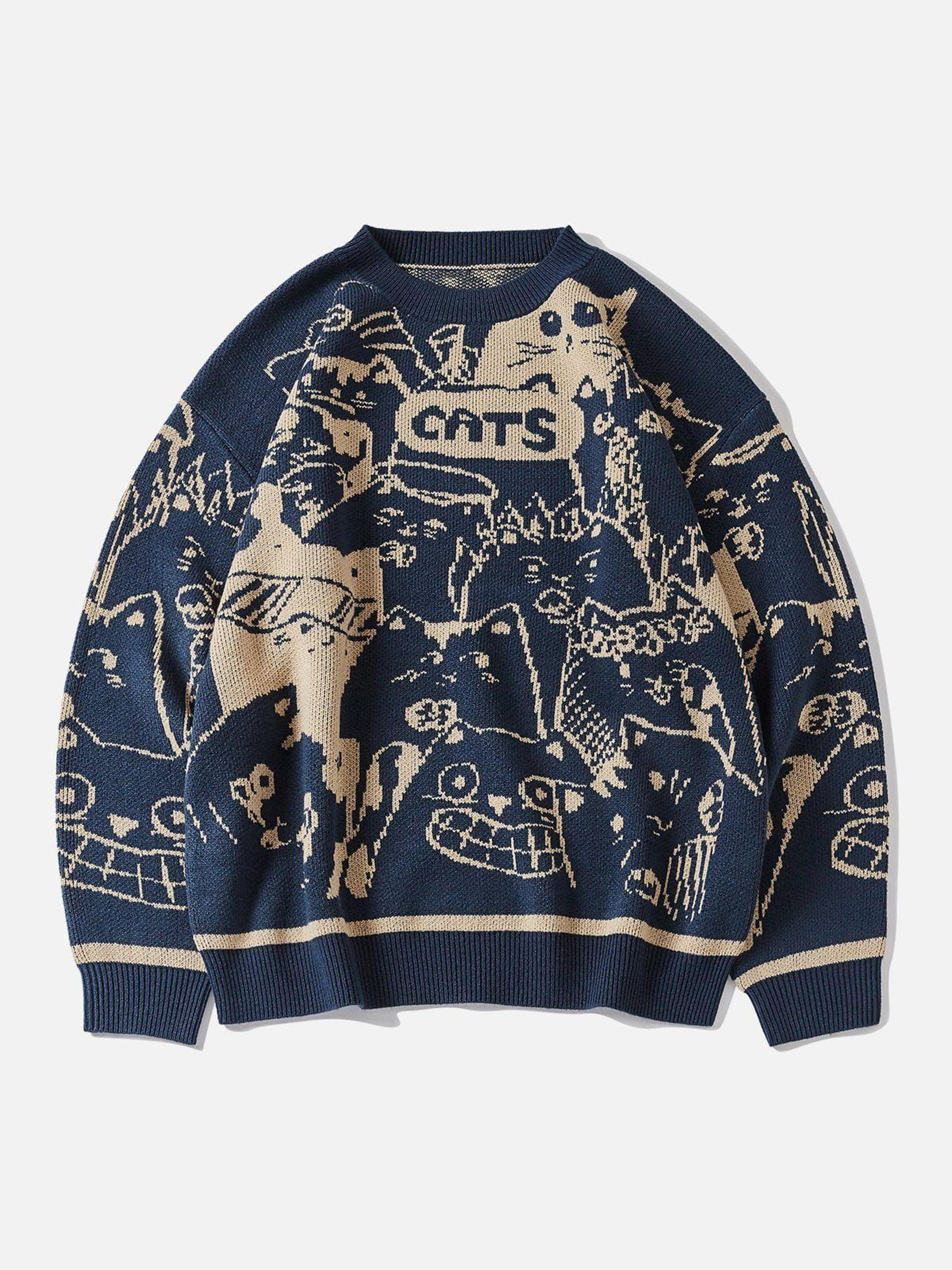 TALISHKO™ - Cartoon Cat Knit Sweater - GrayBlue / S