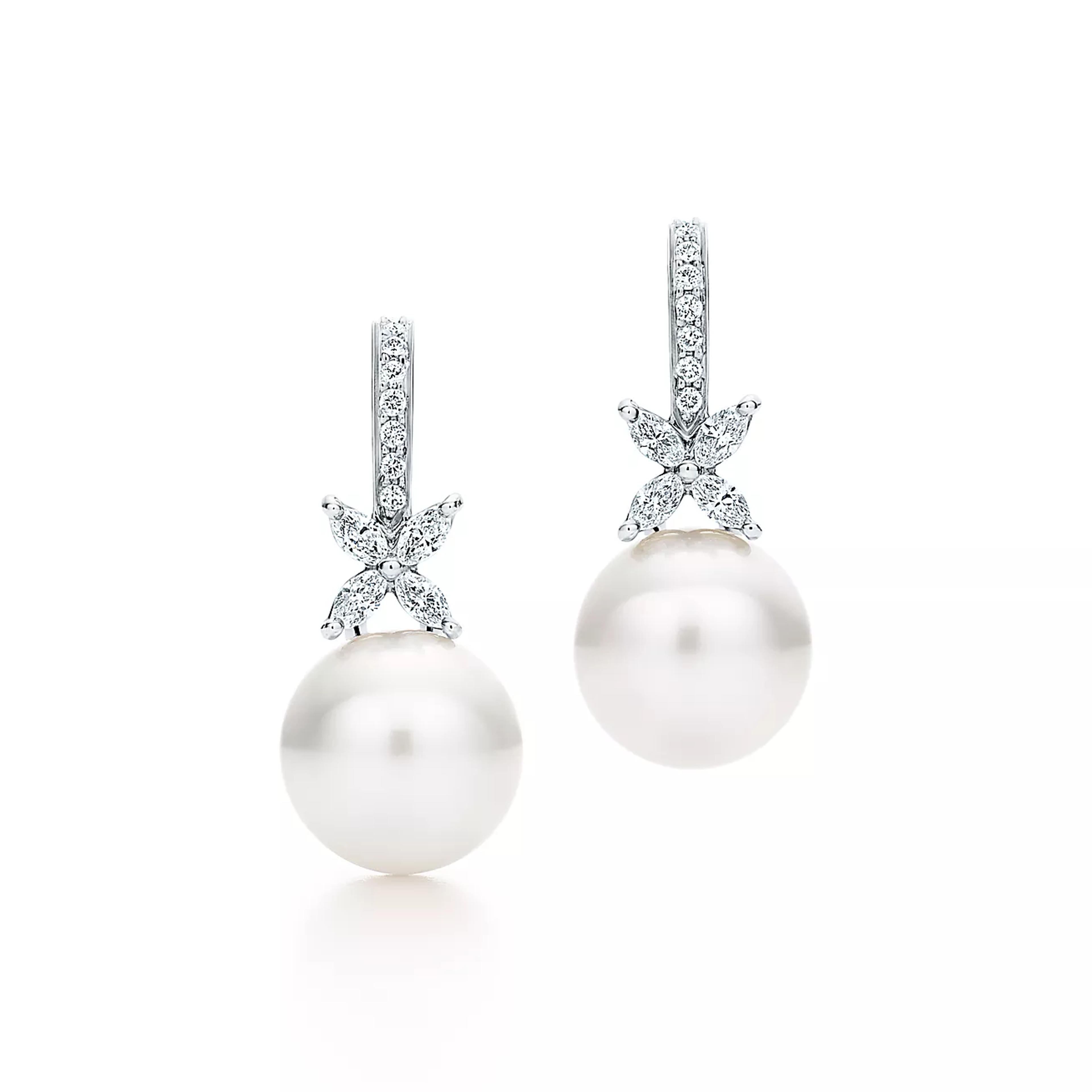 Tiffany Victoria® earrings in platinum with South Sea pearls and diamonds. | Tiffany & Co.