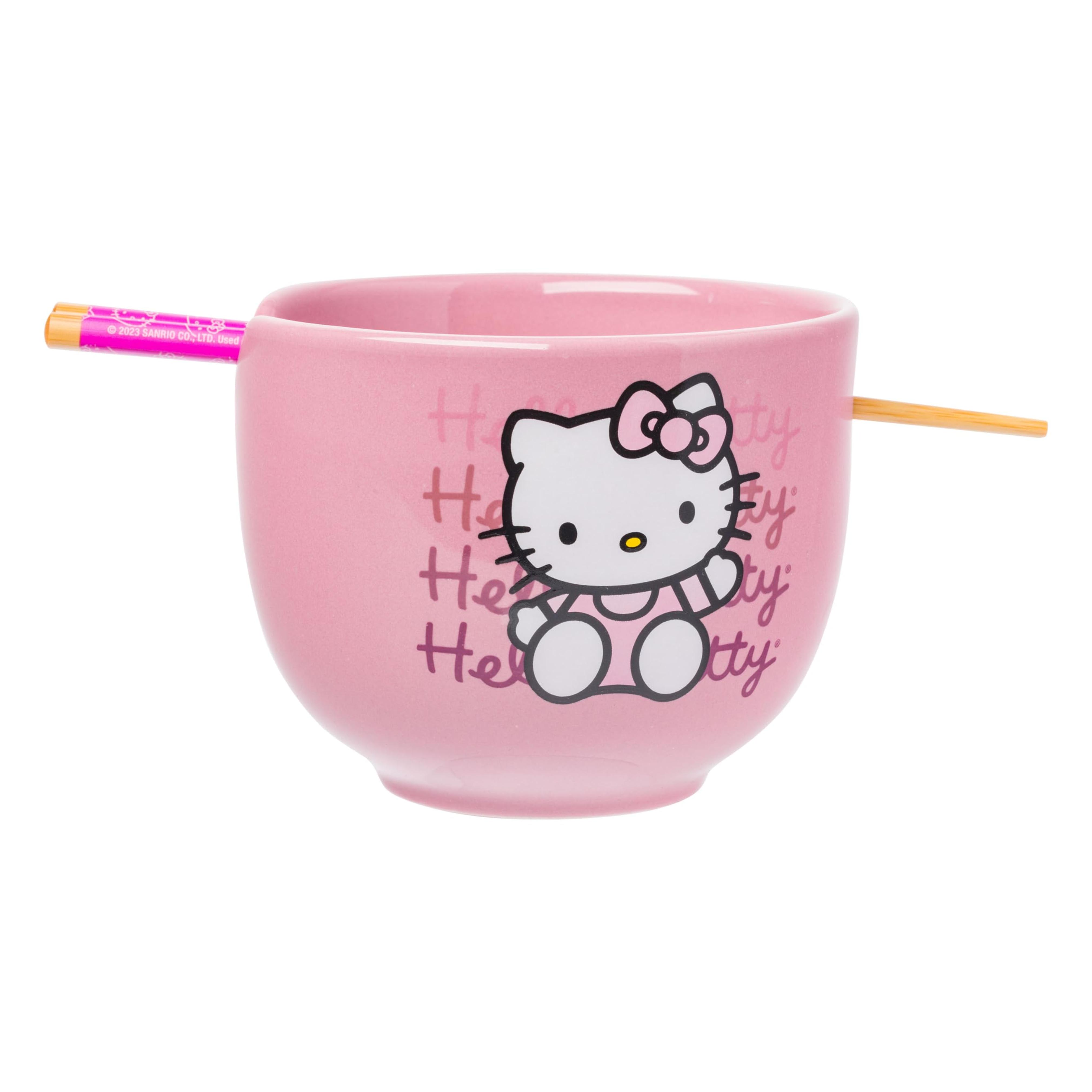 Silver Buffalo Sanrio Hello Kitty Waving Pink Ceramic Ramen Noodle Rice Bowl with Chopsticks, Microwave Safe, 20 Ounces,