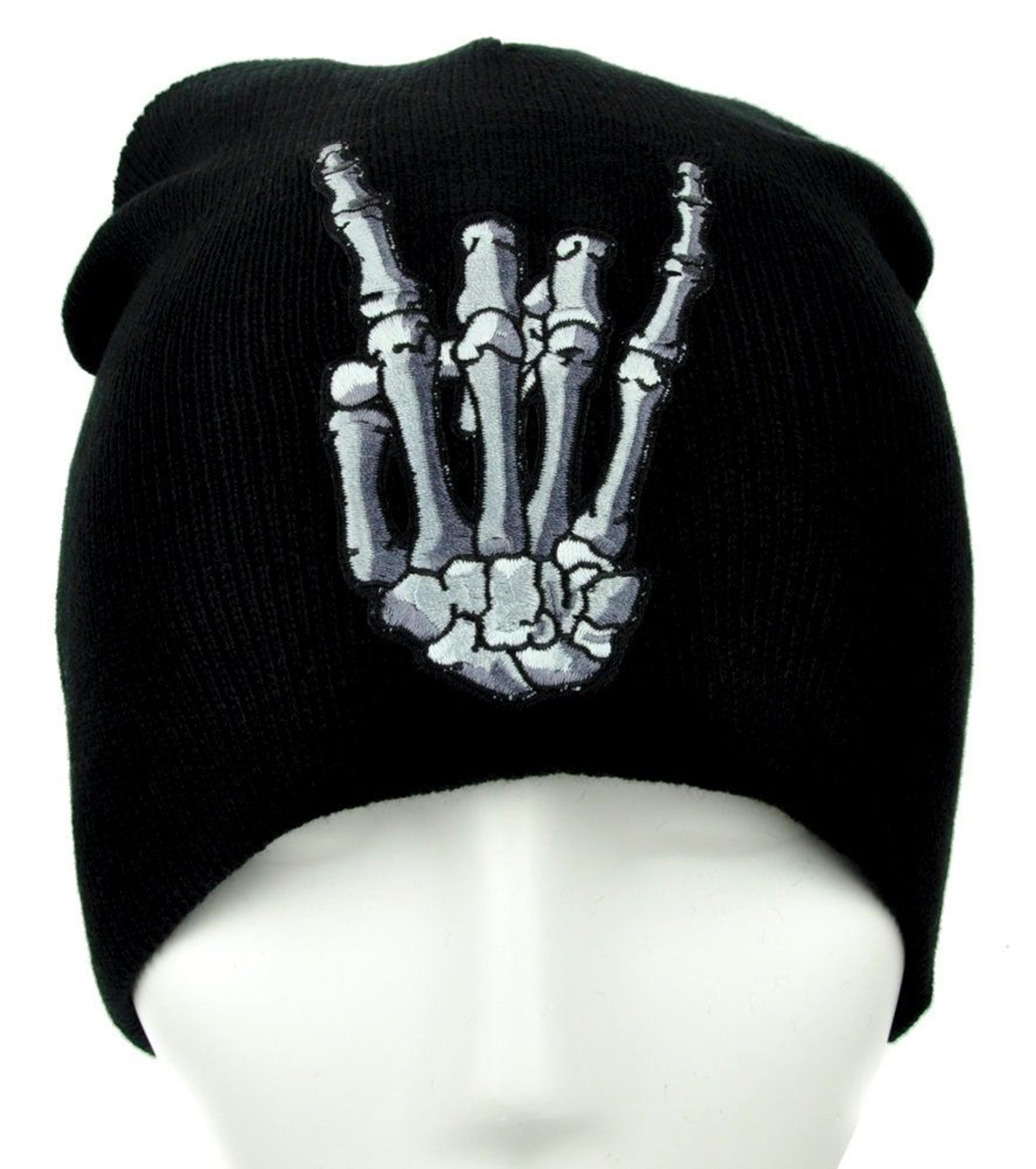 Skeleton Hand Horns Up Black & White Beanie Knit Cap Hat Punk Emo Grunge Metal
