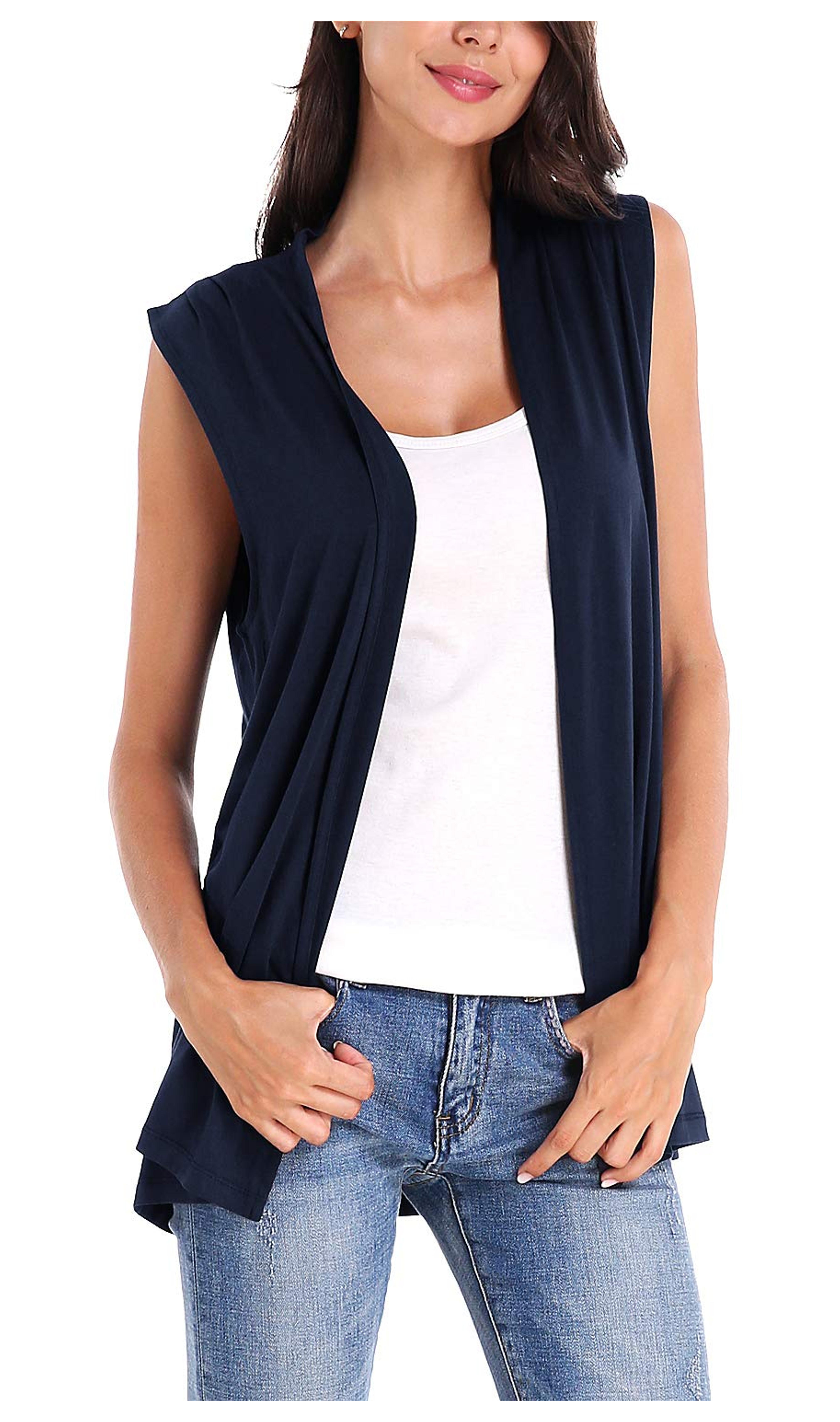 Women's Sleeveless Cardigan Open Front Vest Lightweight Cool Coat (M, Navy Blue)