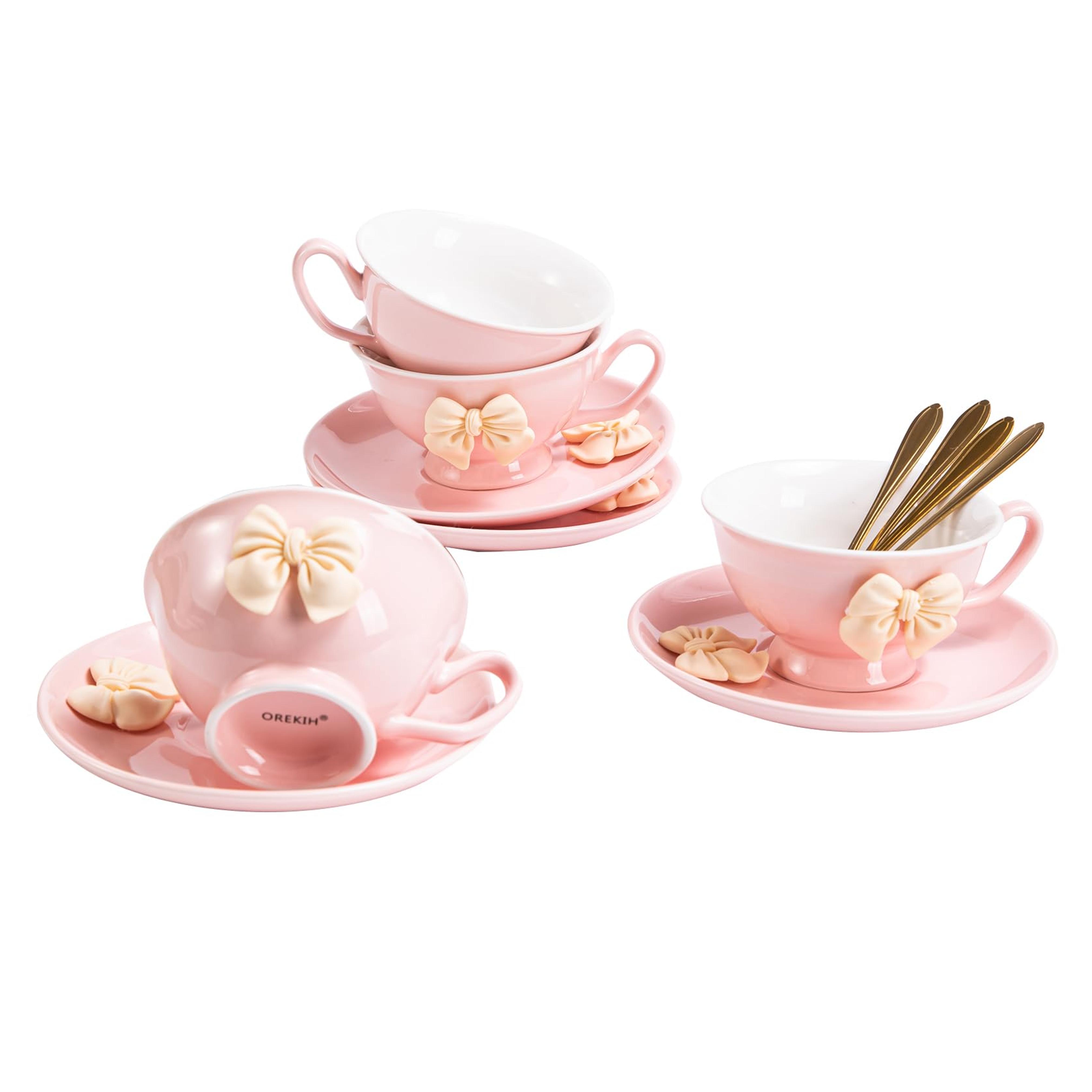 Amazon.com | Orekih Coffee Mug 4 Piece Set, Bowknot Cup,With Saucer, Gold Spoon, Cup With 8.4 OZ, Bone China, Suitable For Coffee, Drinks, Latte, Tea, Gifting (Pink Bowknot Cup, 4 Piece Set): Cup & Saucer Sets