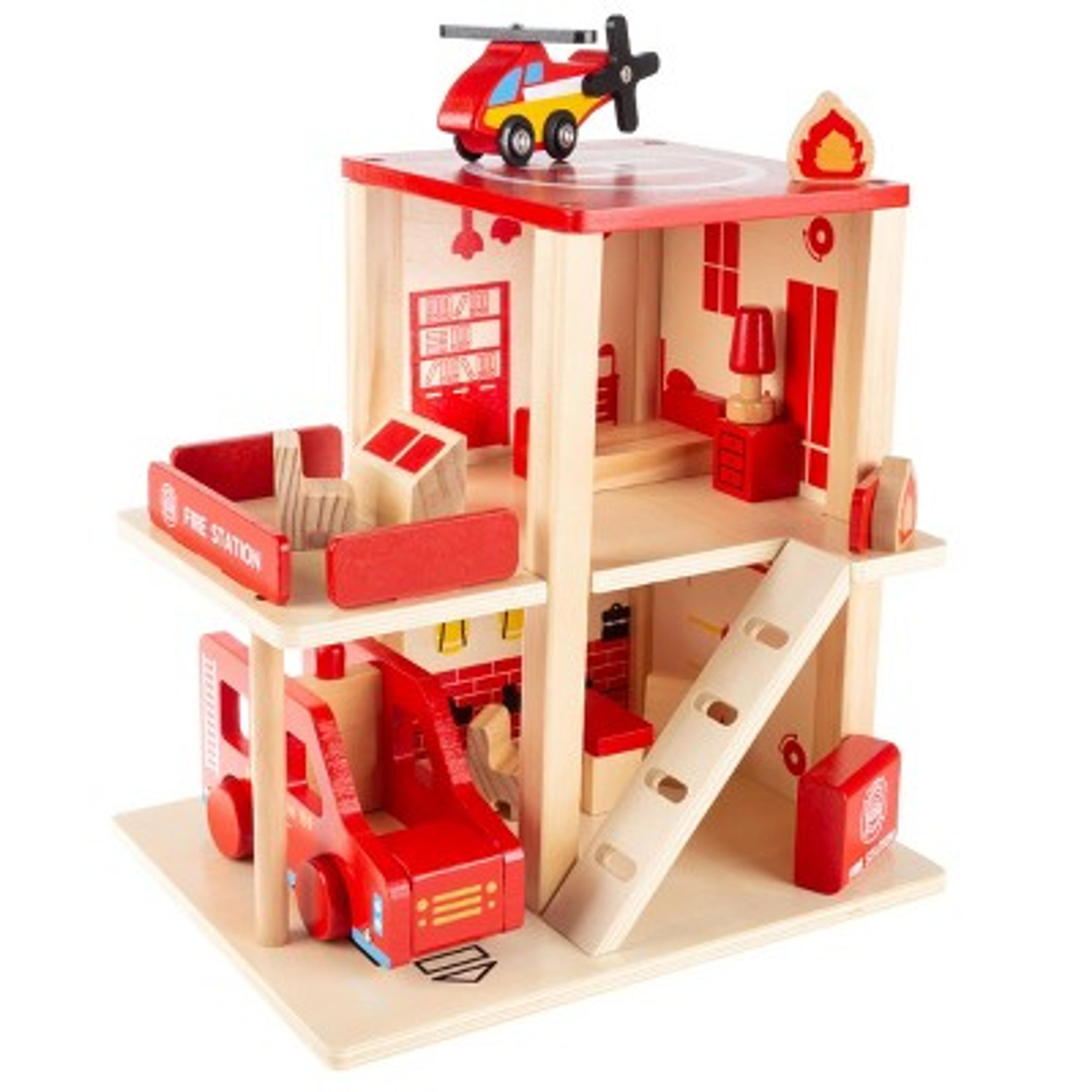 Toy Time Kids' Wooden Fire Station Playset With 3-tier Firehouse, Fire Truck, Helicopter, And 16 Accessories - 10.75" X 13", Set Of 19 : Target