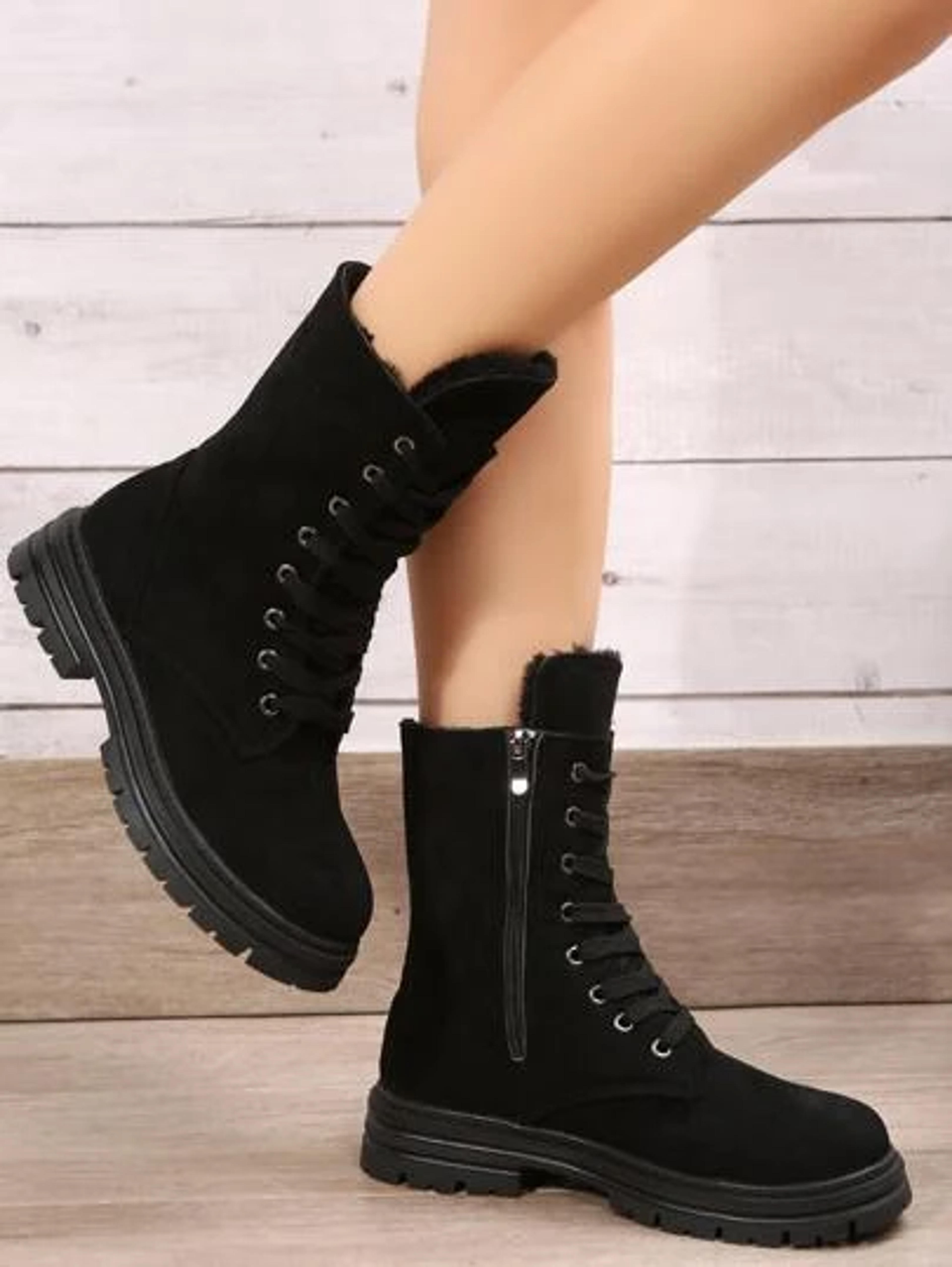 Zip Side Faux Suede Lace-up Front Thermal Lined Combat Boots | SHEIN USA