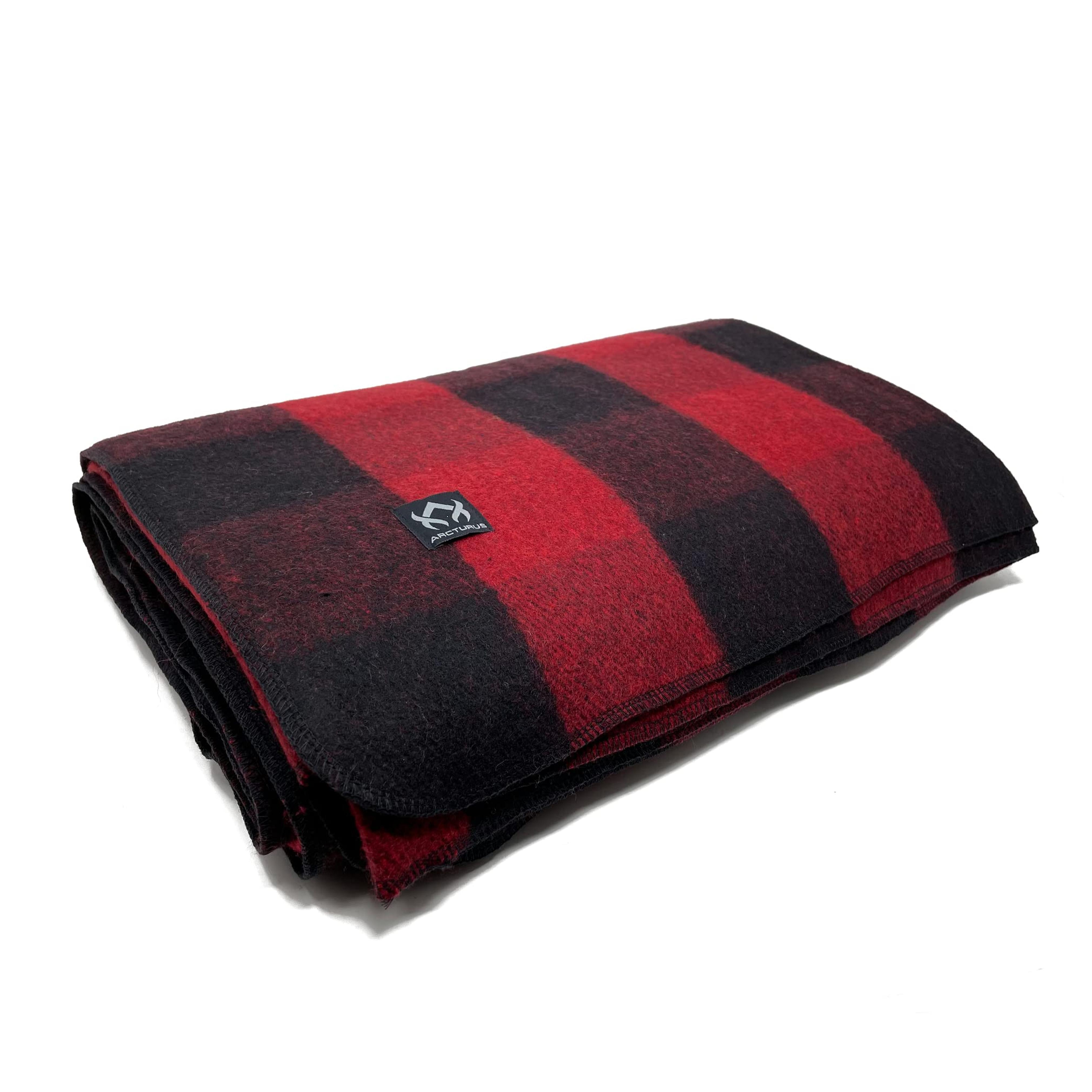 Arcturus Plaid Wool Blankets - 4.5lbs Warm, Heavy, Washable, Large | Great for Camping, Outdoors, Sporting Events, or Home Red Buffalo