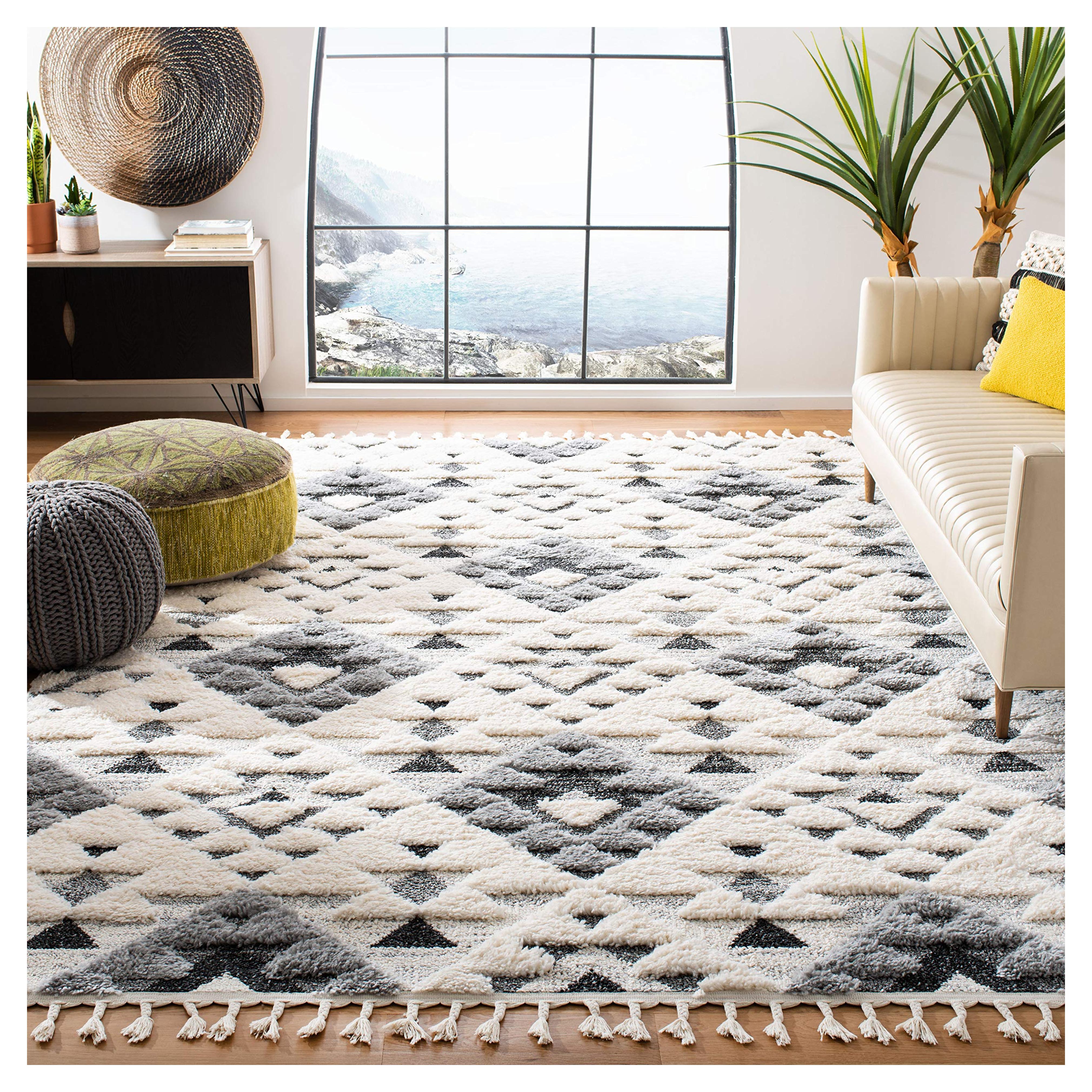 Amazon.com: SAFAVIEH Moroccan Tassel Shag Collection MTS688F Boho Non-Shedding Living Room Bedroom Dining Room Entryway Plush 2-inch Thick Area Rug, 9' x 12', Ivory / Grey : Everything Else