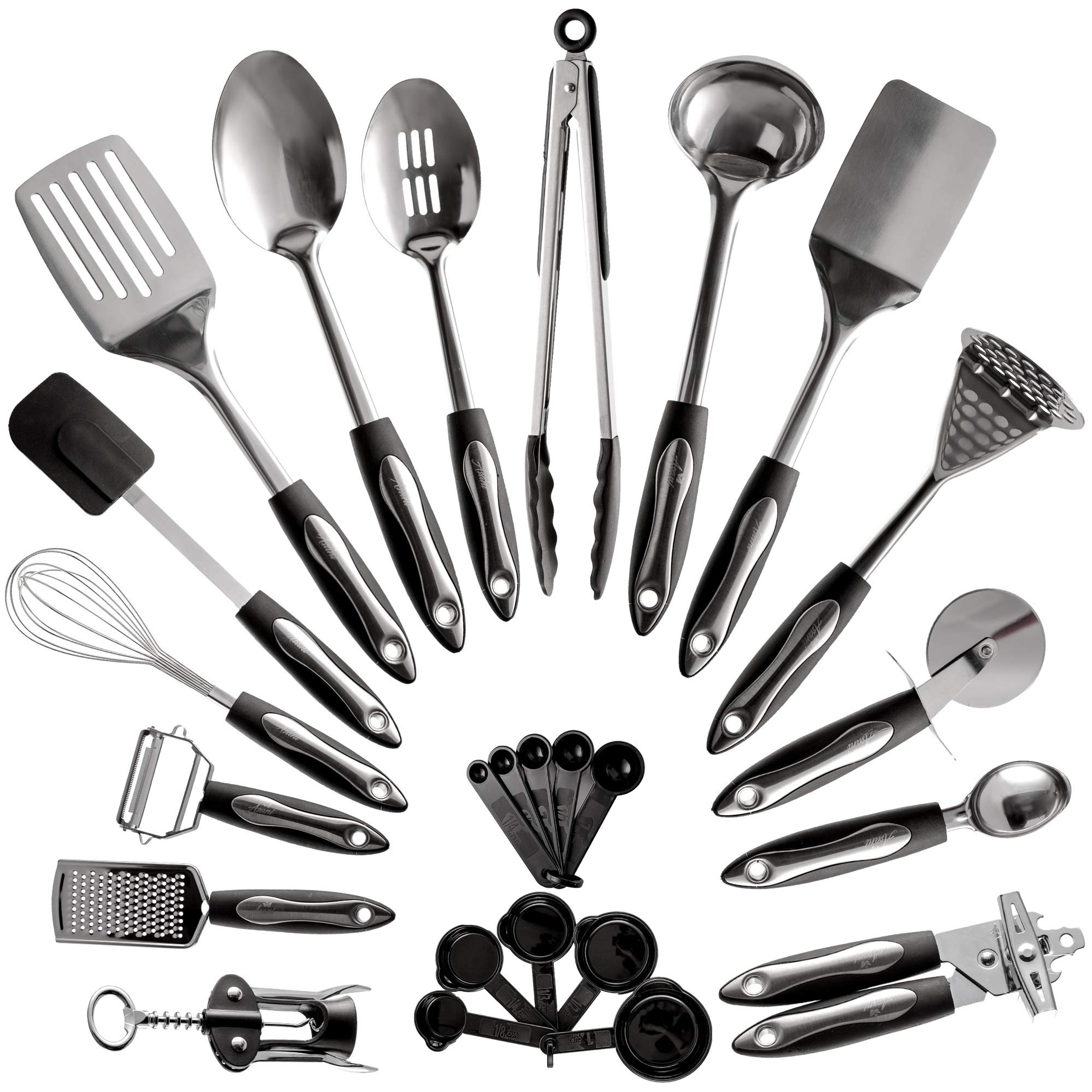 Amazon.com: 25-Piece Stainless Steel Kitchen Utensil Set | Non-Stick Cooking Gadgets and Tools Kit | Durable Dishwasher-Safe Cookware Set | Kitchenware Gift Idea, Best New Apartment Essentials : Home & Kitchen