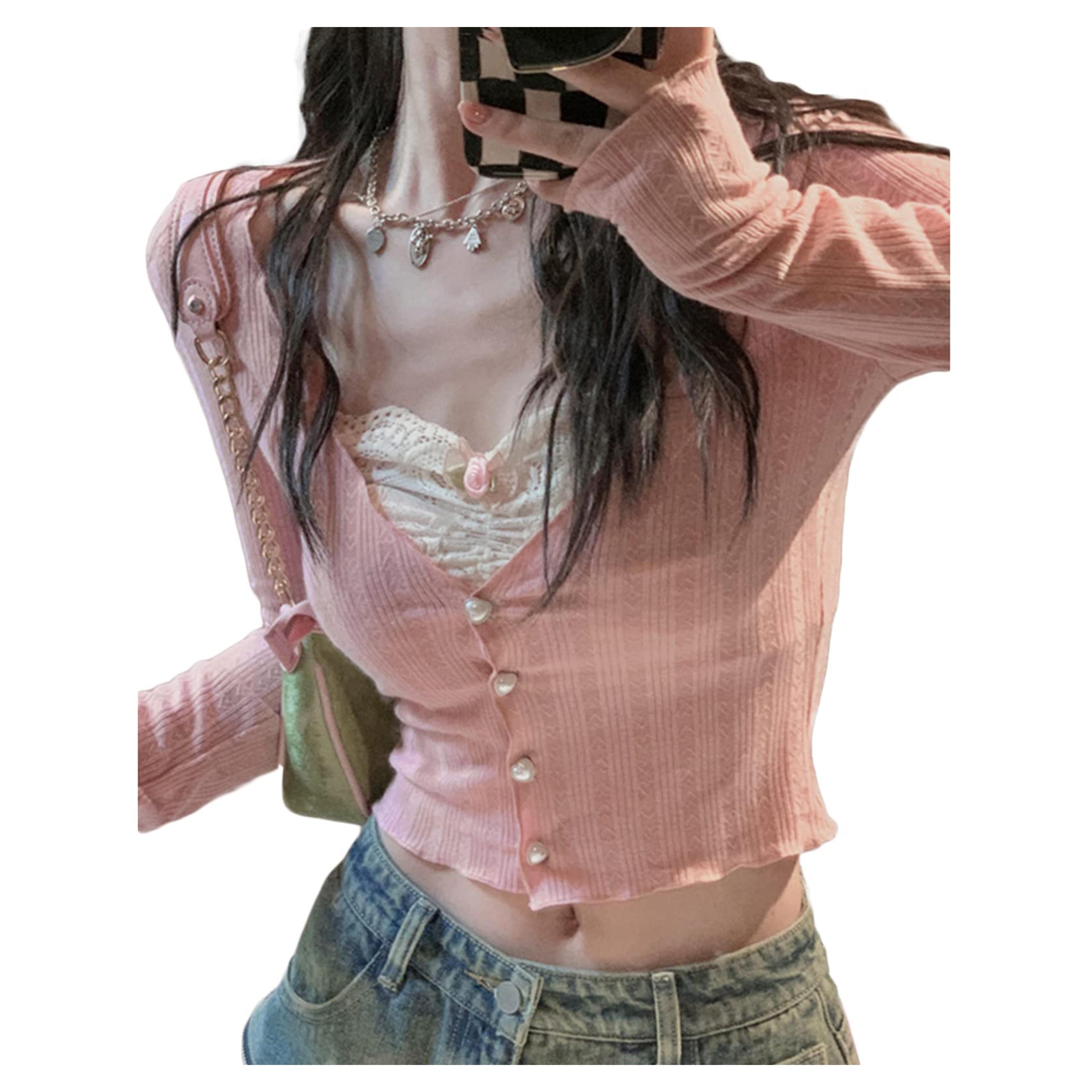 Fabumily Fairy Grunge Shirts for Women Y2K Tops Long Sleeve Lace Patchwork Tees ...