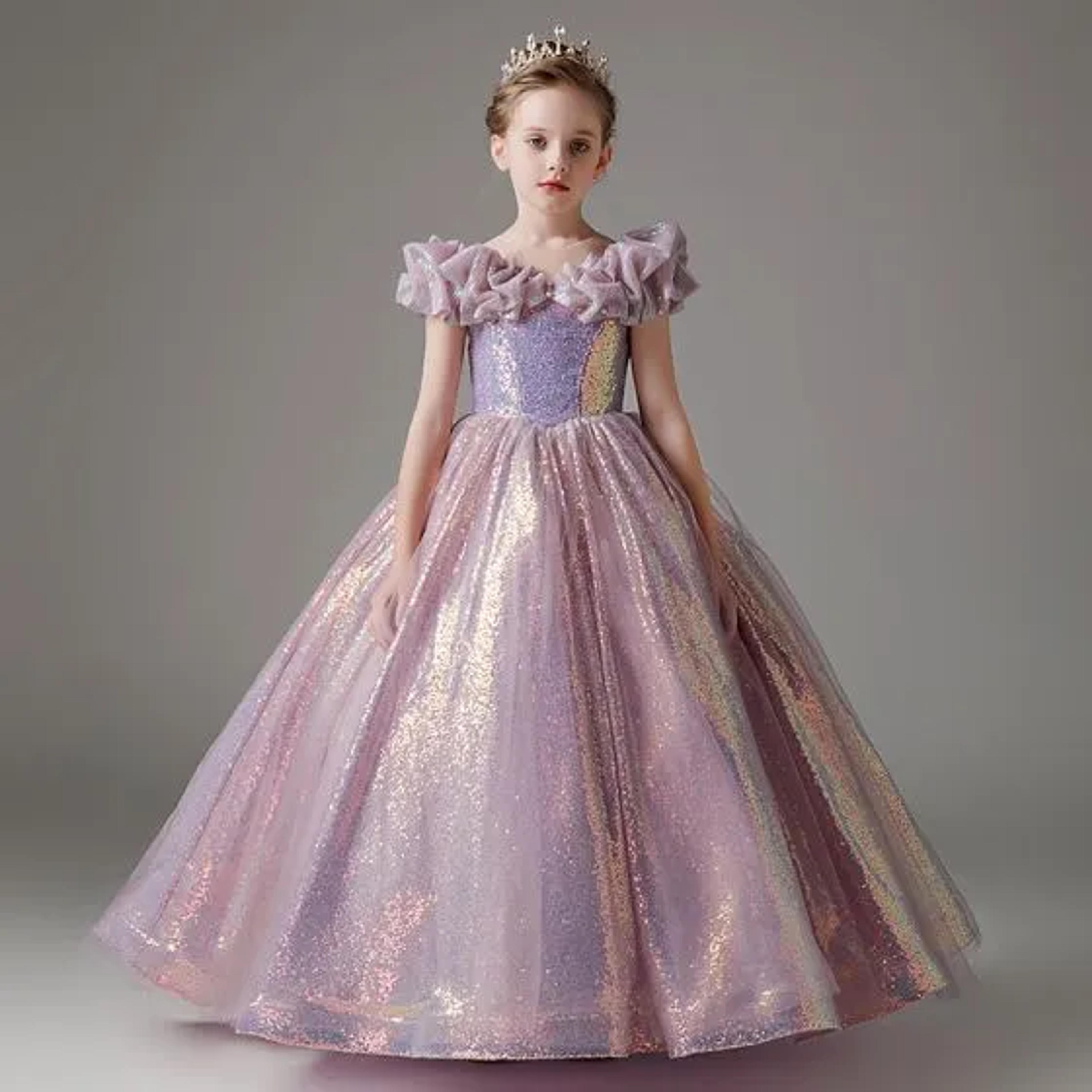 Chic / Beautiful Lavender Glitter Sequins Birthday Flower Girl Dresses 2023 Ball Gown Ruffle Off-The-Shoulder Short Sleeve Floor-Length / Long