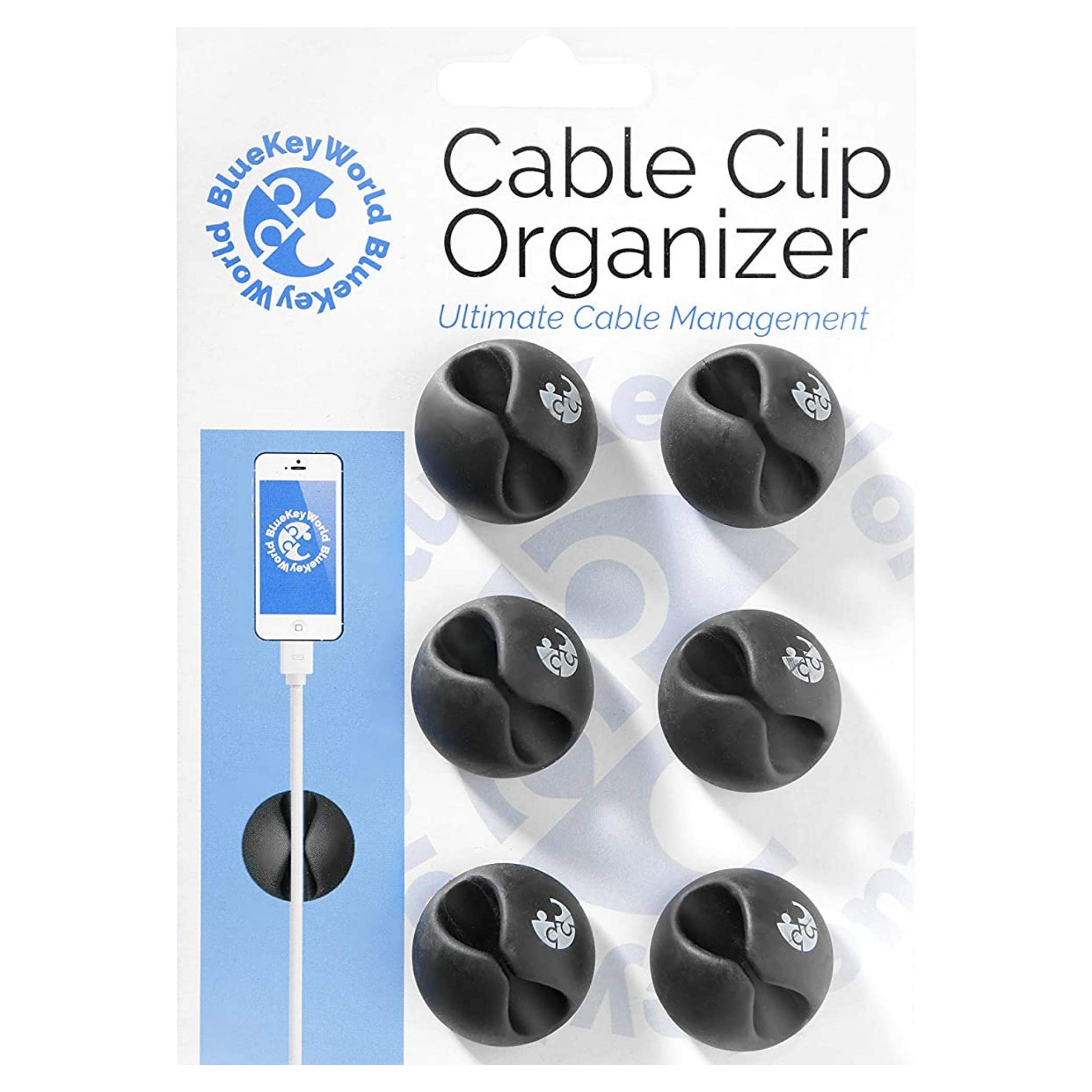 6 Pack Blue Key World Cable Clips - Cord Organizer - Desk Cable Management - Wire Holder System - Adhesive Cord Clips - Home, Office, Cubicle, Car, Nightstand, Desk Accessories - Gift Idea - Black