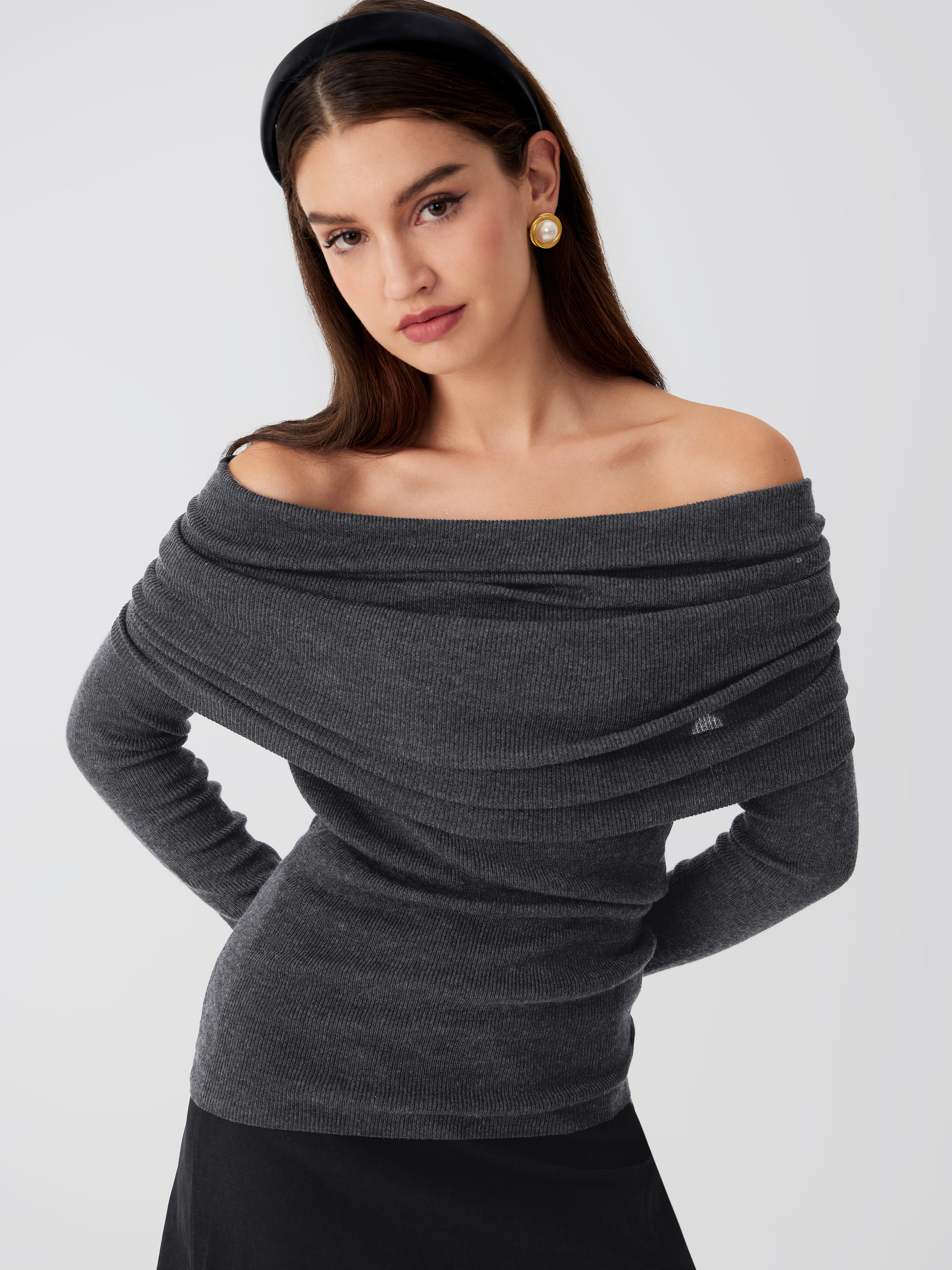 Wool-blend Off-shoulder Ruched Knit Long Sleeve Top