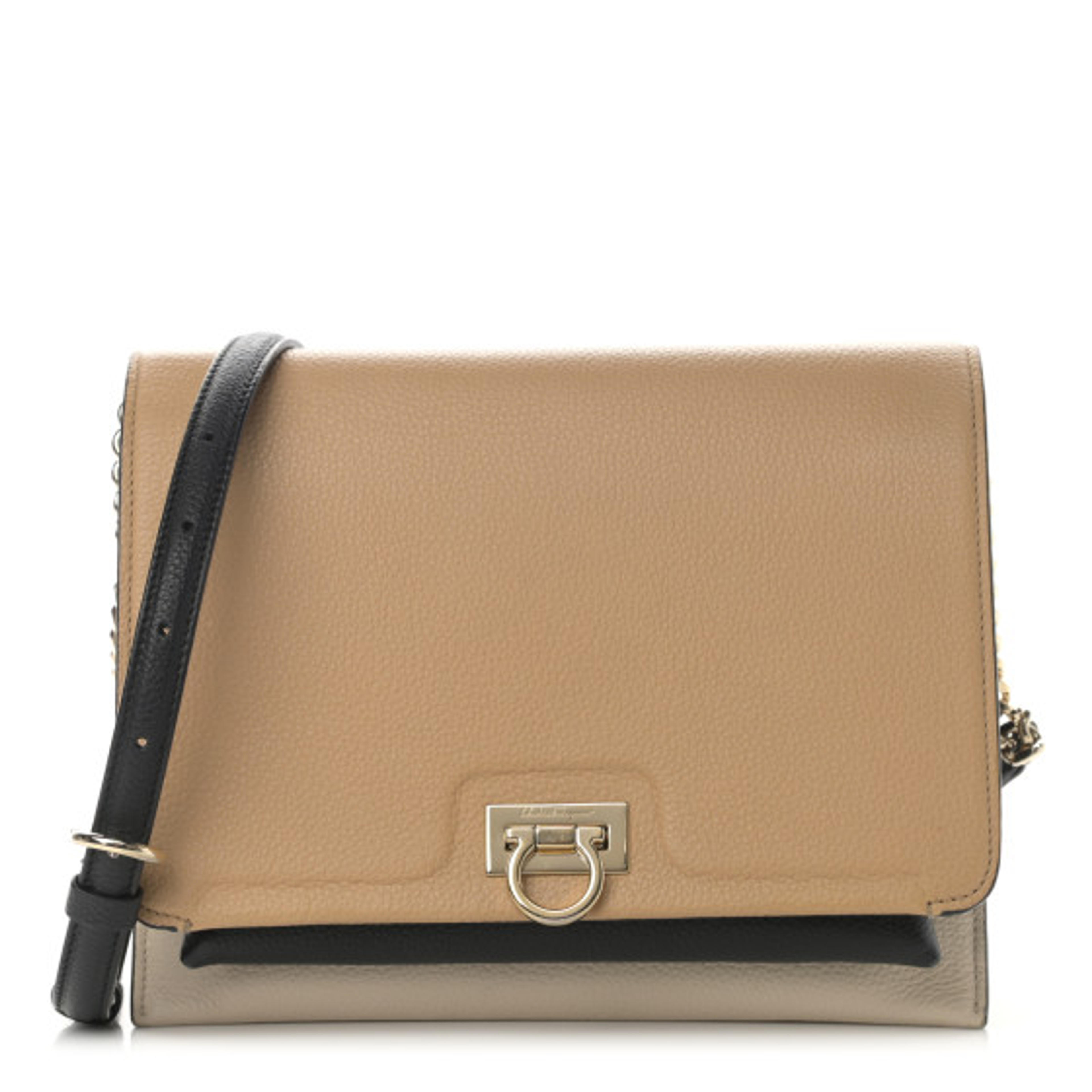 SALVATORE FERRAGAMO Grained Calfskin Trifolio Flap Bag Dune Bone | FASHIONPHILE