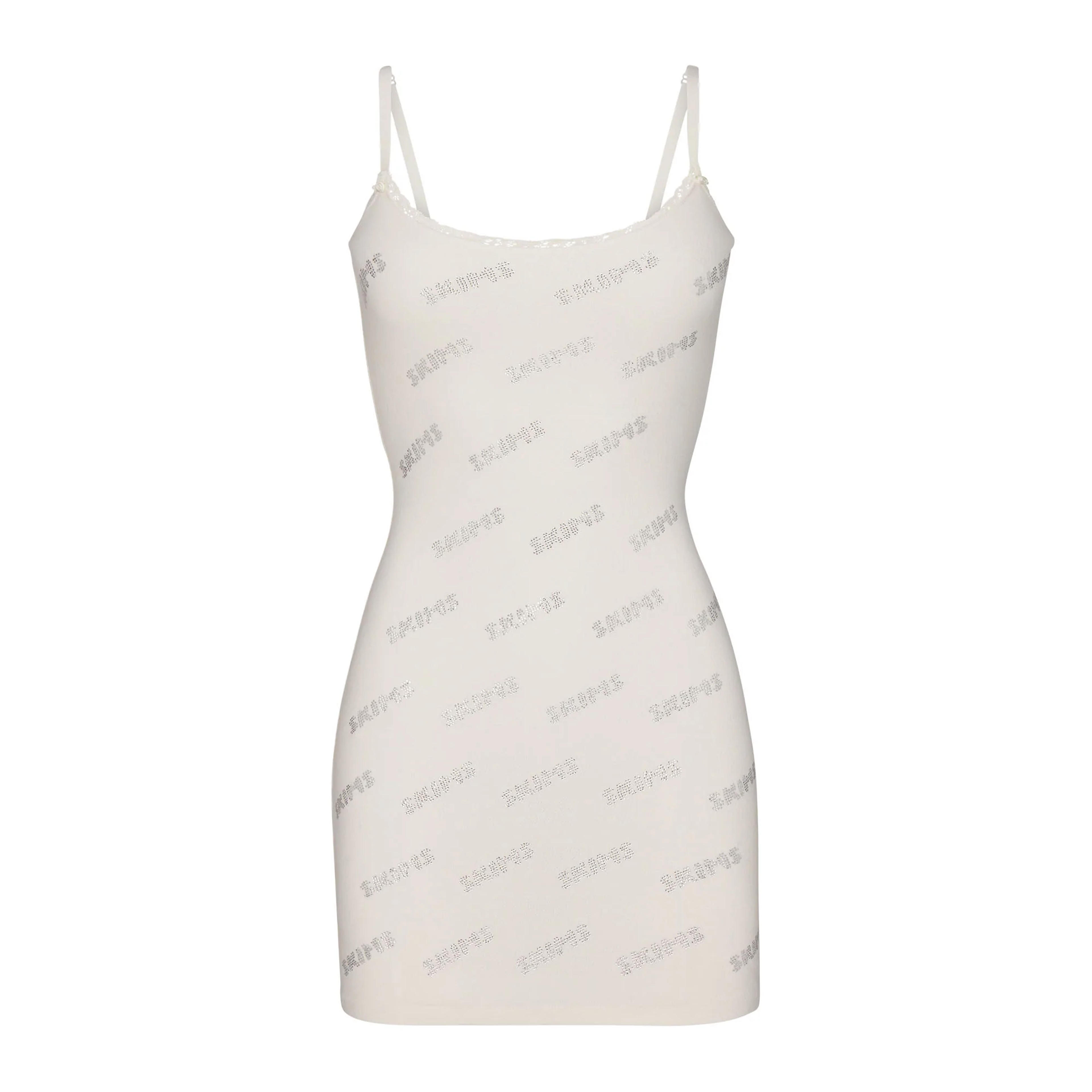 RHINESTONE LOGO POINTELLE MINI SLIP DRESS | MARBLE