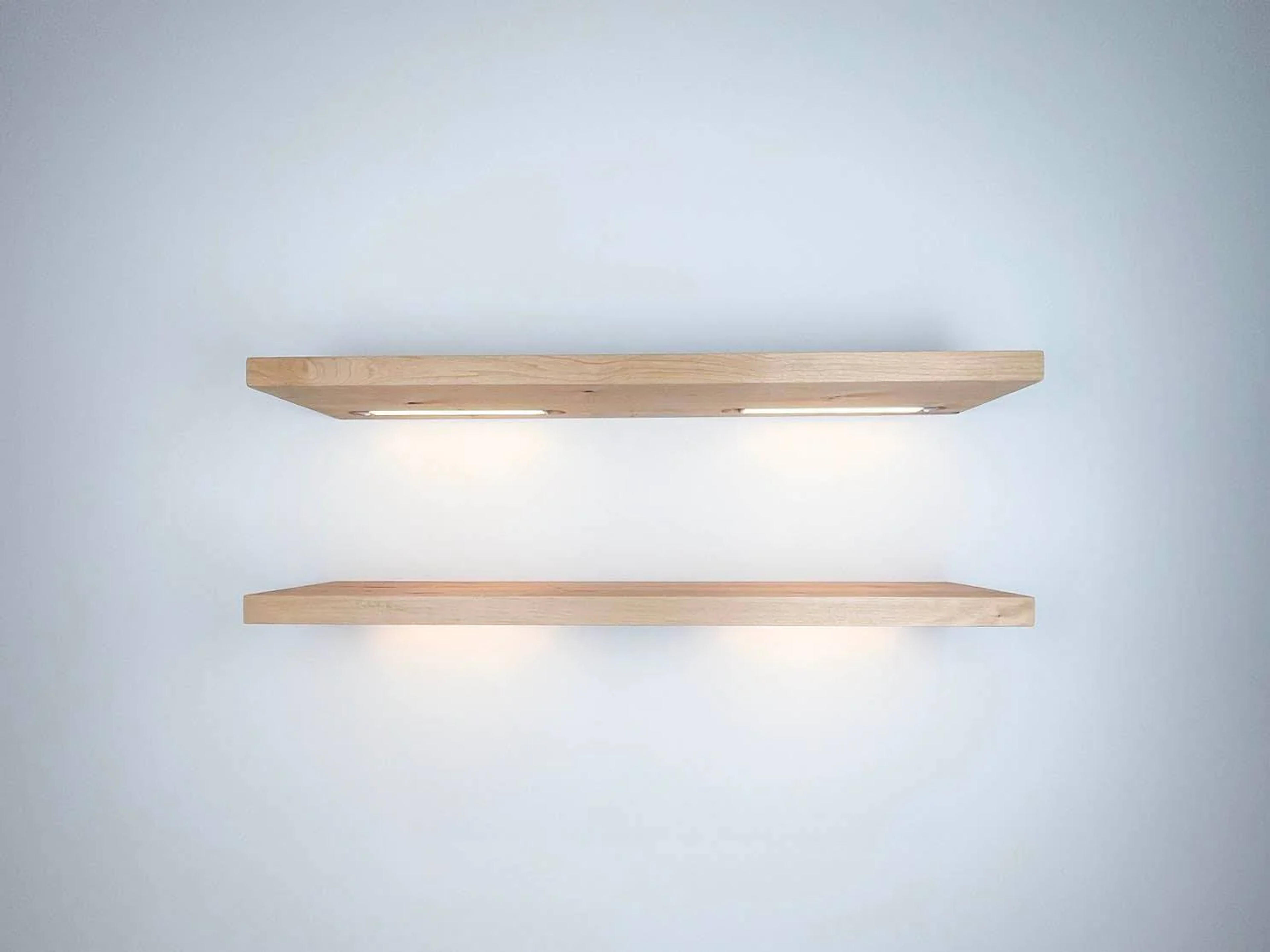 Rustic Alder Lighted Floating Shelves - Battery