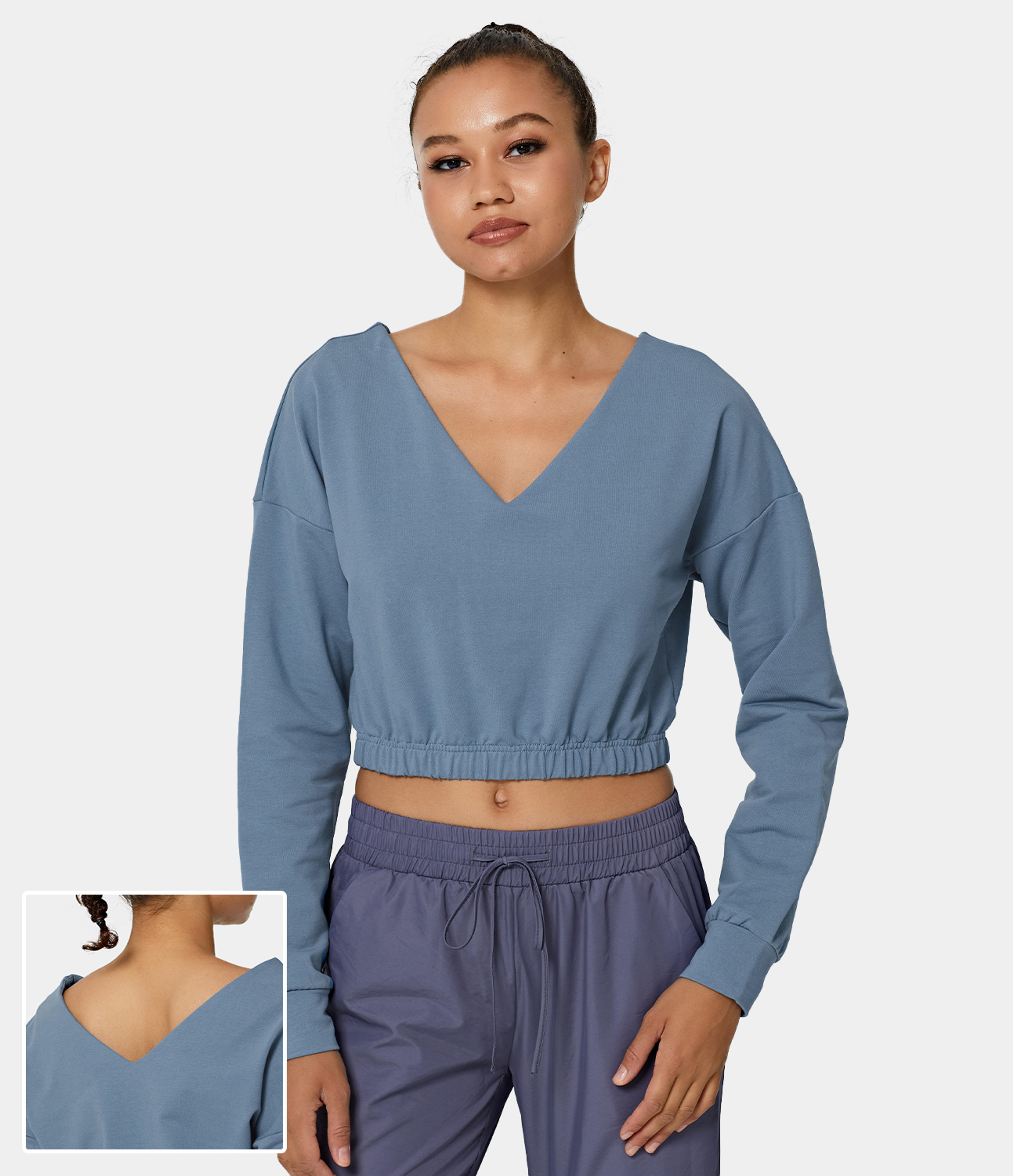 In My Feels V-Neck Dropped Shoulder Plain Cropped Sweatshirt