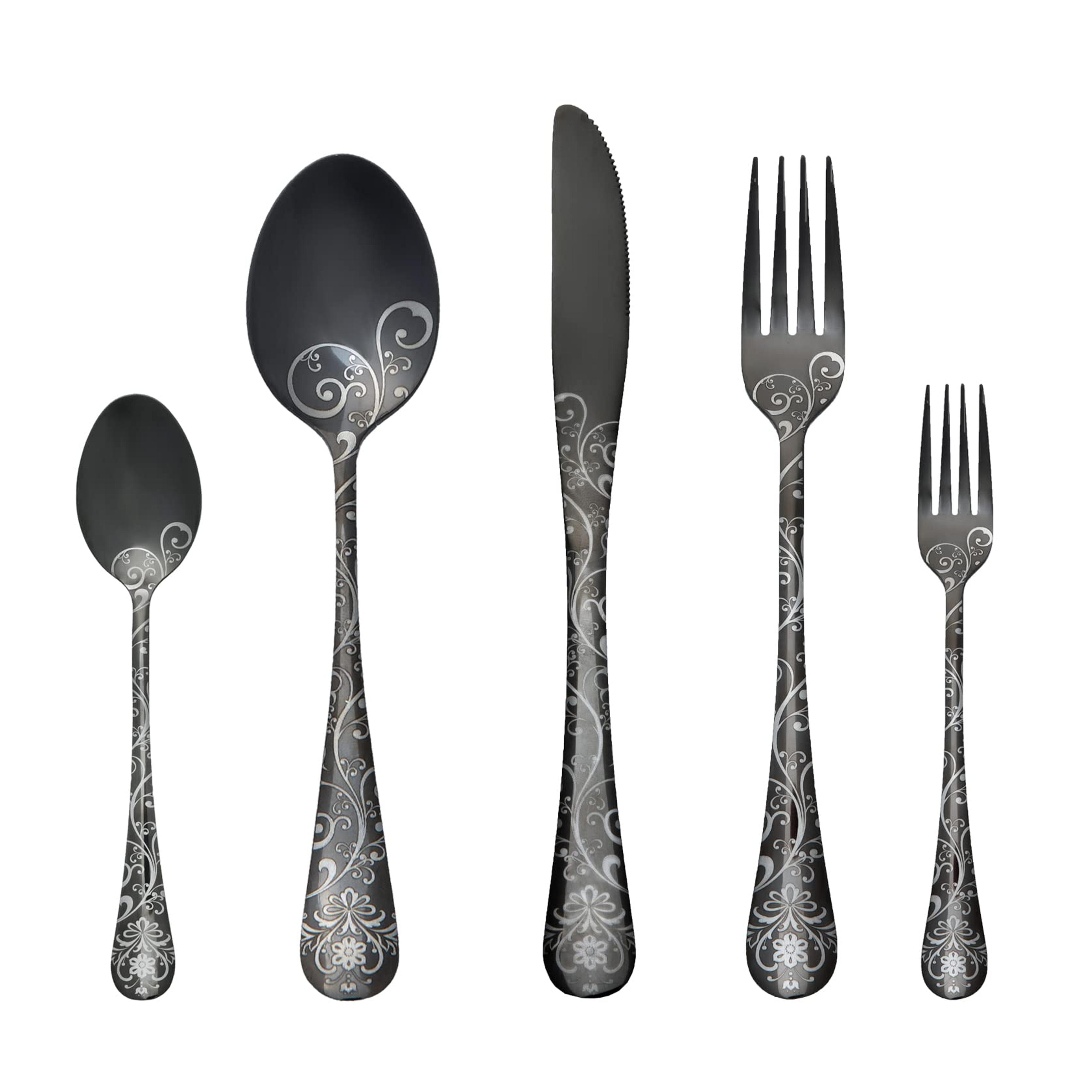 Silverware Set Stainless Steel Flatware Set for 2 people,Include Knife Fork Spoon,Unique Pattern Design,Mirror Polish Tableware Cutlery Set,for Home and Restaurant,Dishwasher Safe (10Pcs, Black)