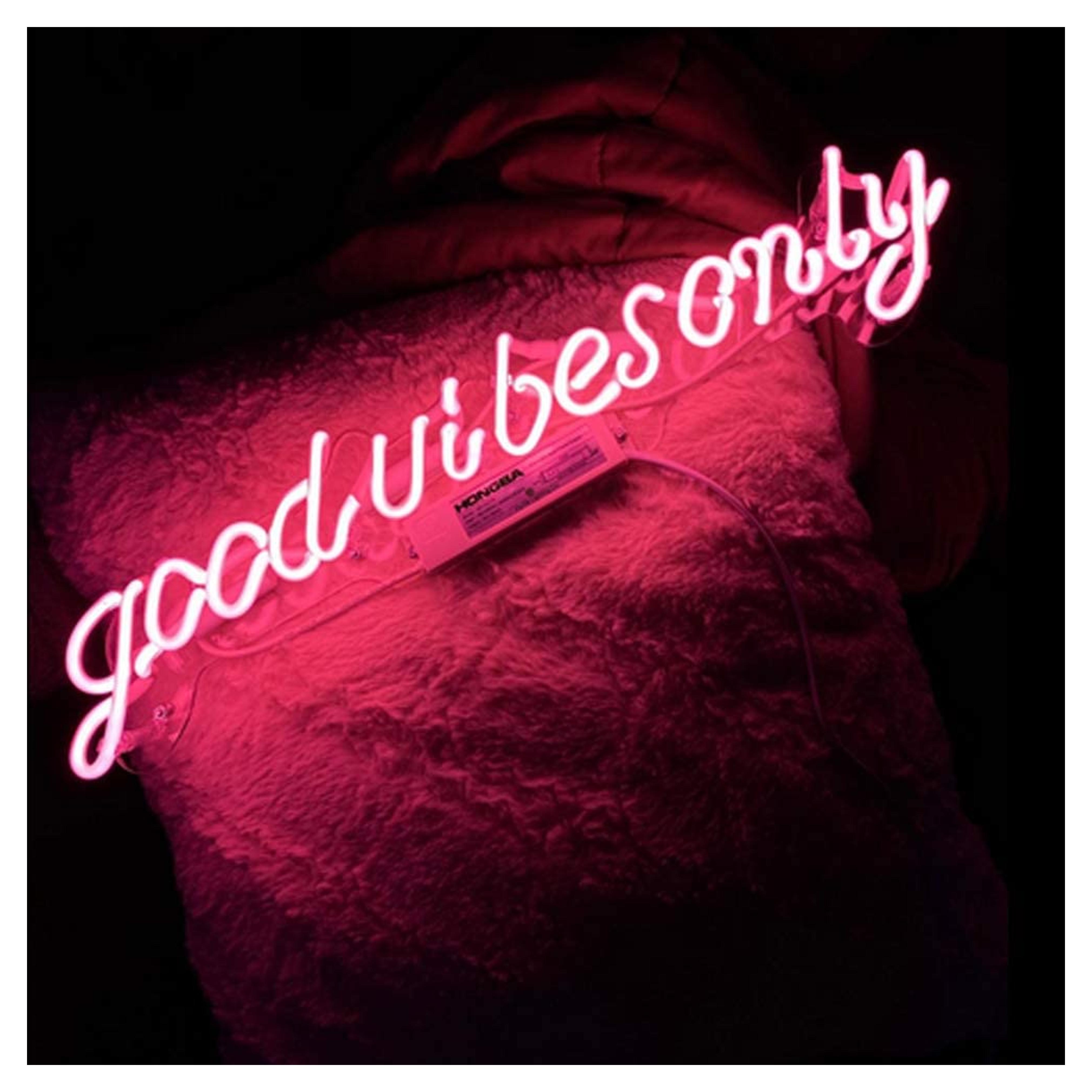 21 inch Real Glass Neon Pink Good Vibes Only Wall Sign for Cool Light, Wall Art, Bedroom Decorations, Home Accessories, Party, and Holiday Decor