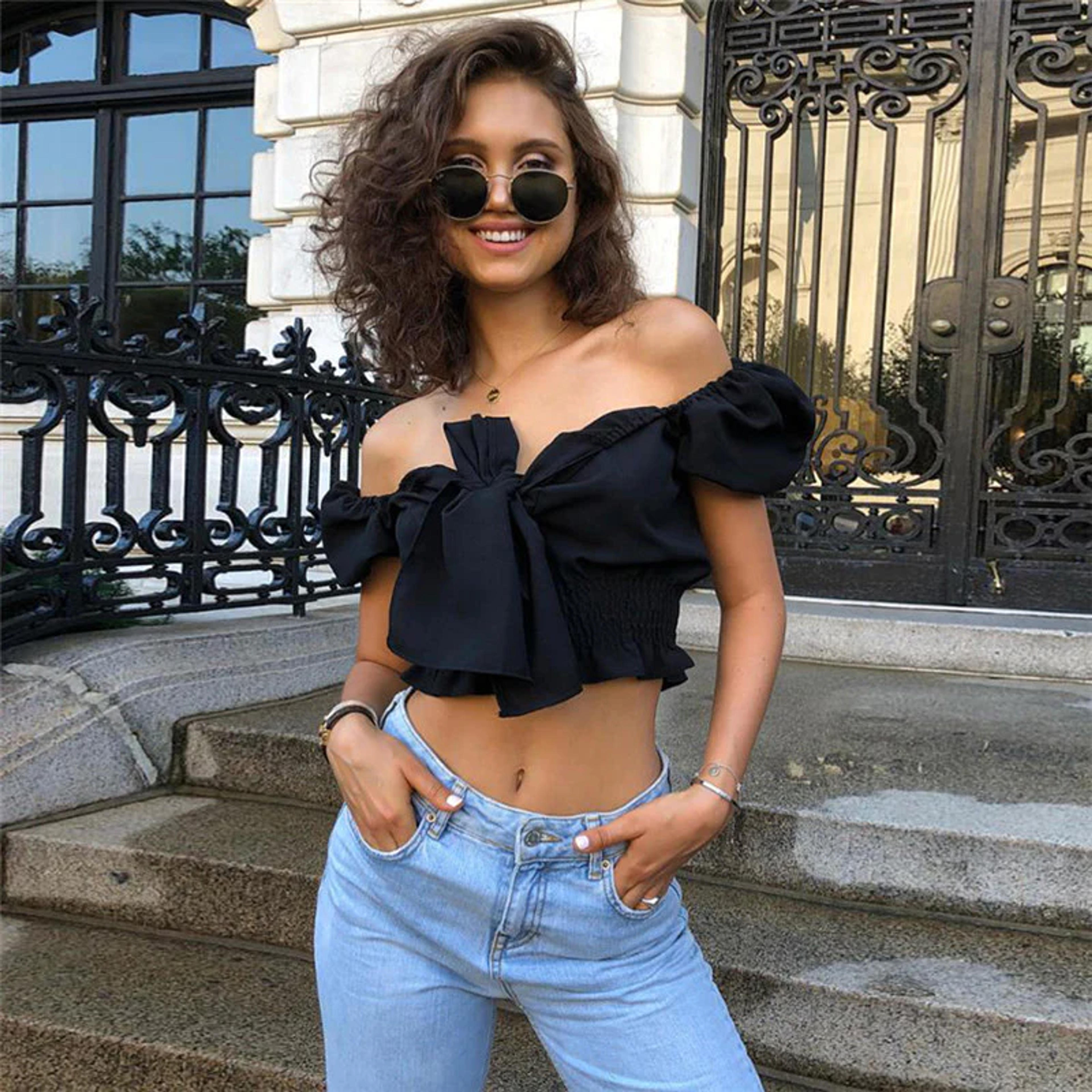 2022 Fashion Trends | Black Aesthetic Ruffles Puff Sleeve Crop Top – TGC FASHION