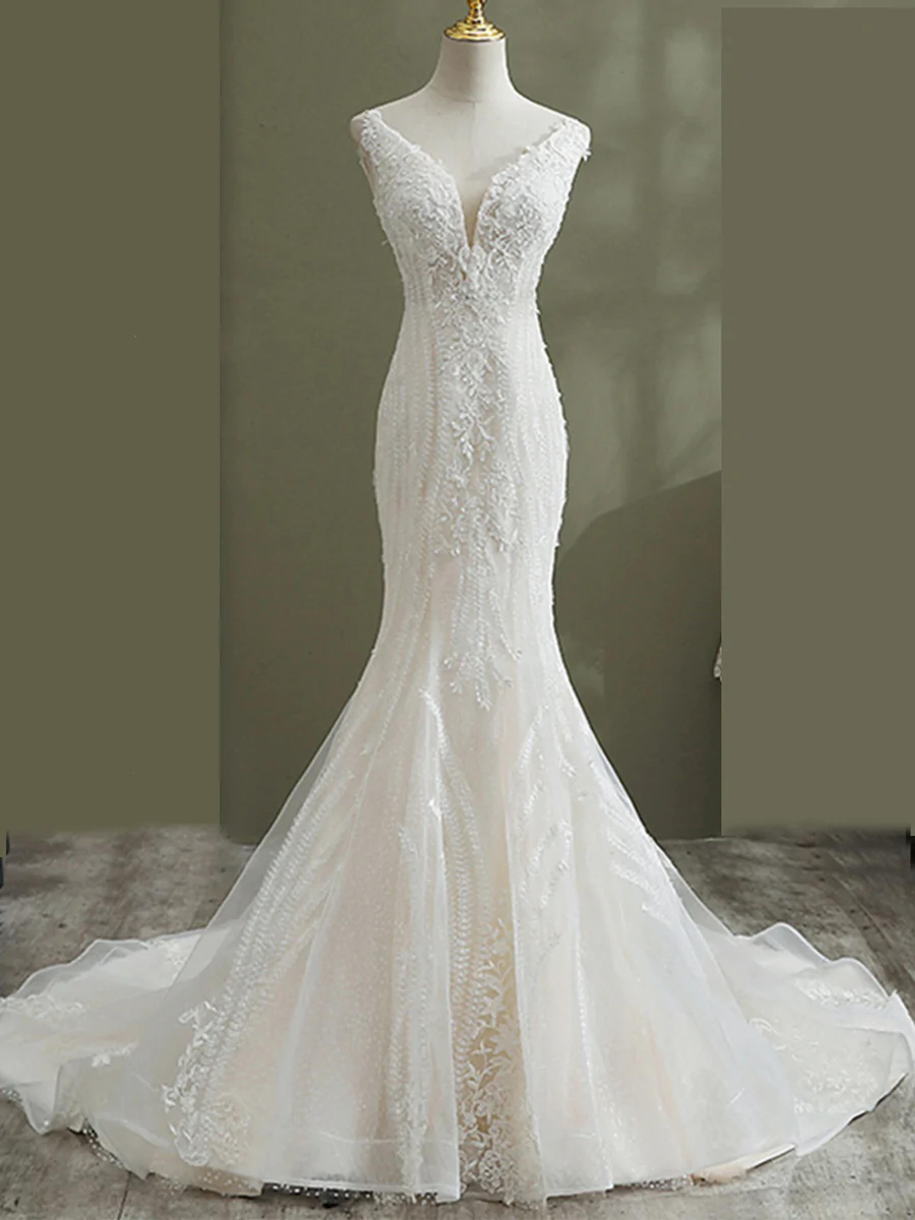 Sheer V-neck Long Floral Lace Mermaid Wedding Dresses – promboutiqueonline