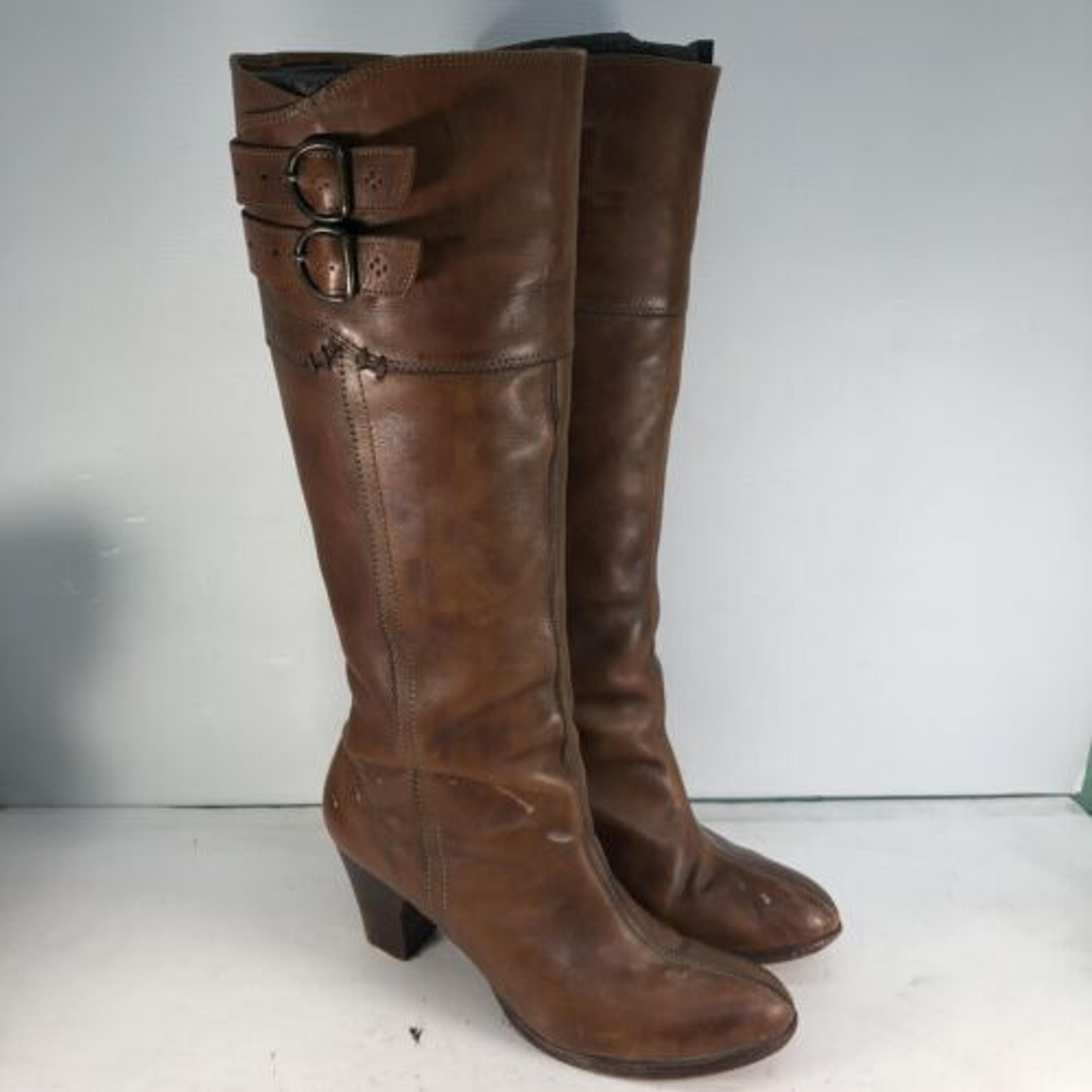 Frye 77041 Brown Leather Buckle Harness Knee High Side Zip Boots Women Size 11B